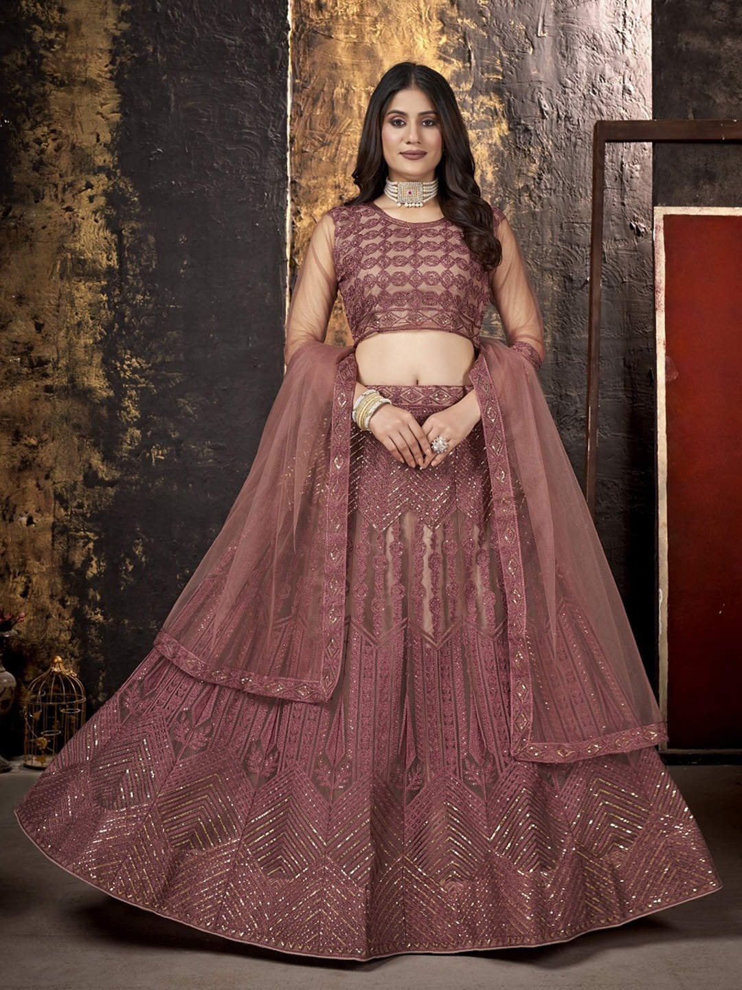 

Panzora Embroidered Sequinned Semi Stitched Lehenga & Blouse With Dupatta, Brown