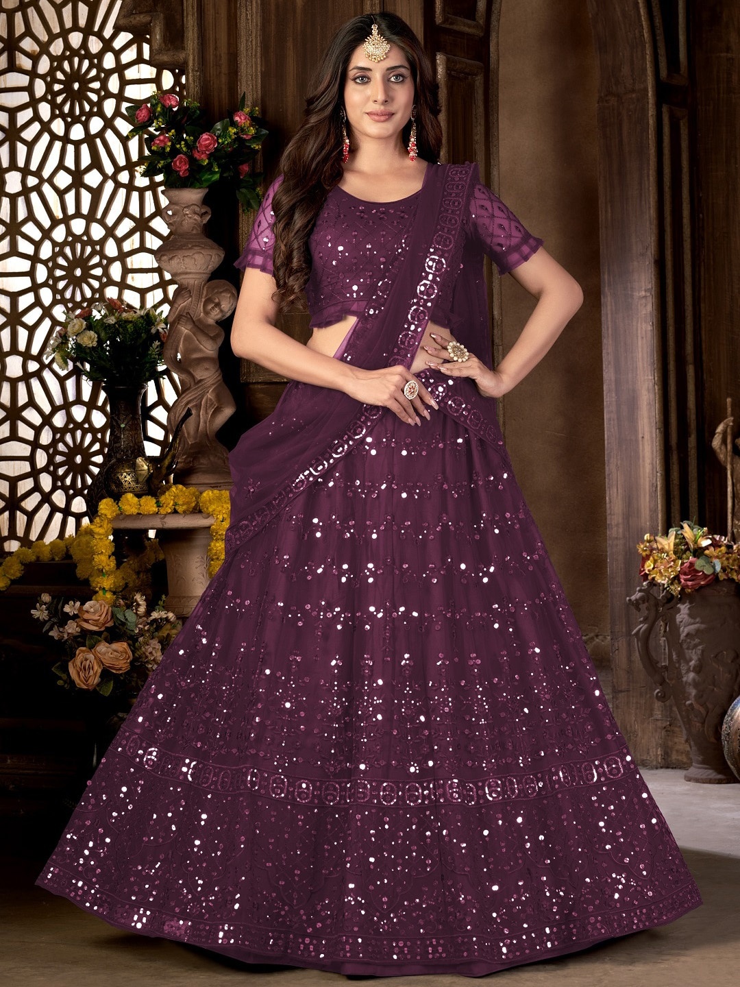 

Panzora Embroidered Sequinned Semi Stitched Lehenga & Blouse With Dupatta, Purple