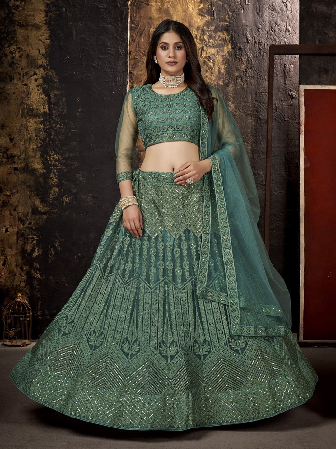 

Panzora Embroidered Sequinned Semi Stitched Lehenga & Blouse With Dupatta, Green