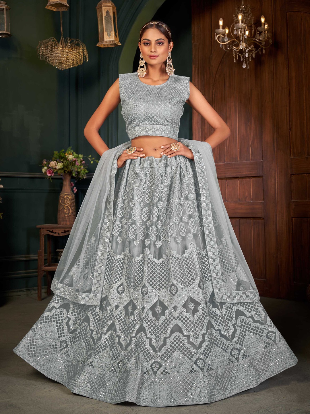 

Panzora Embroidered Thread Work Semi-Stitched Lehenga & Blouse With Dupatta, Grey