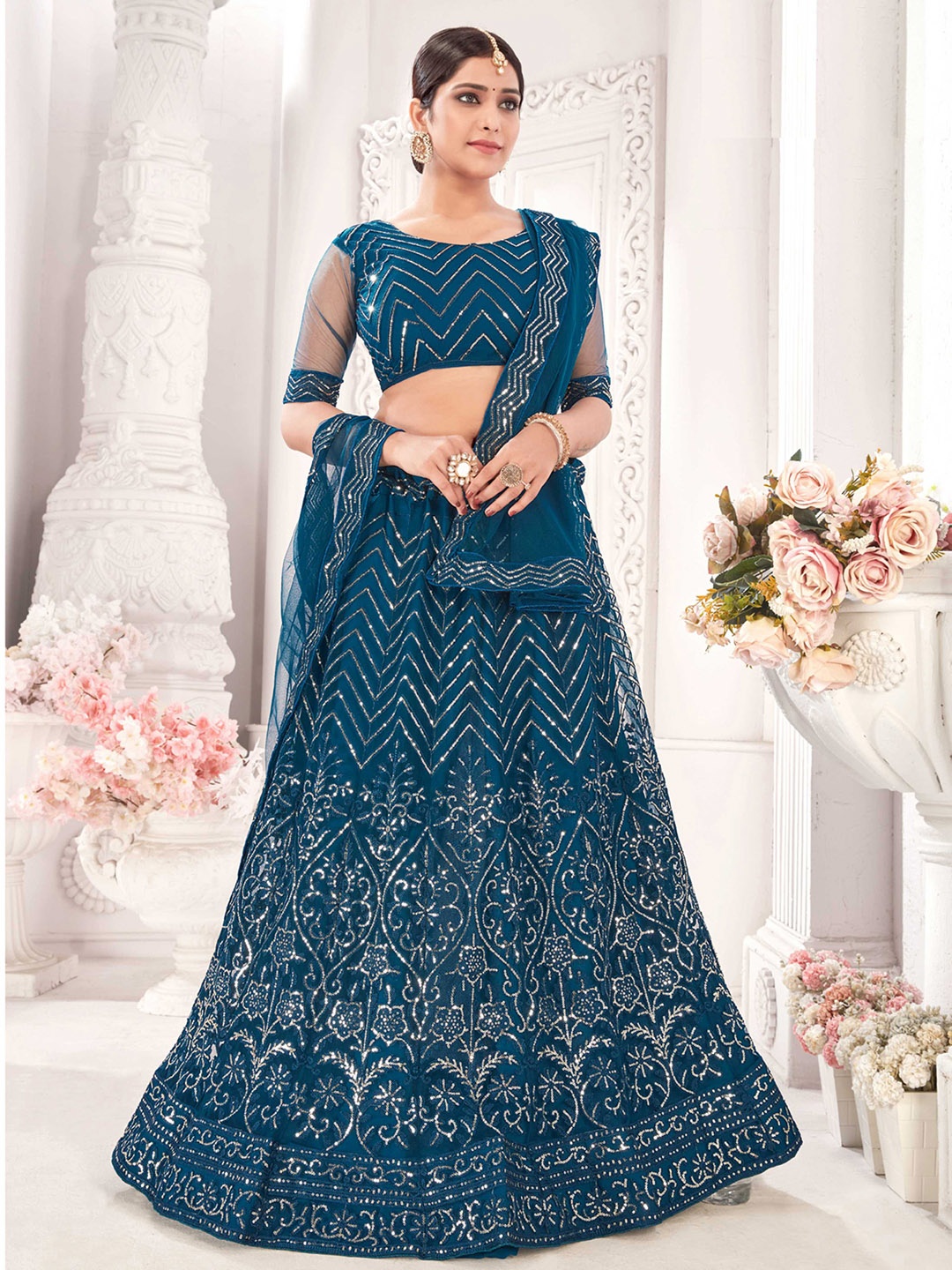 

Panzora Embroidered Sequinned Semi-Stitched Lehenga & Blouse With Dupatta, Teal