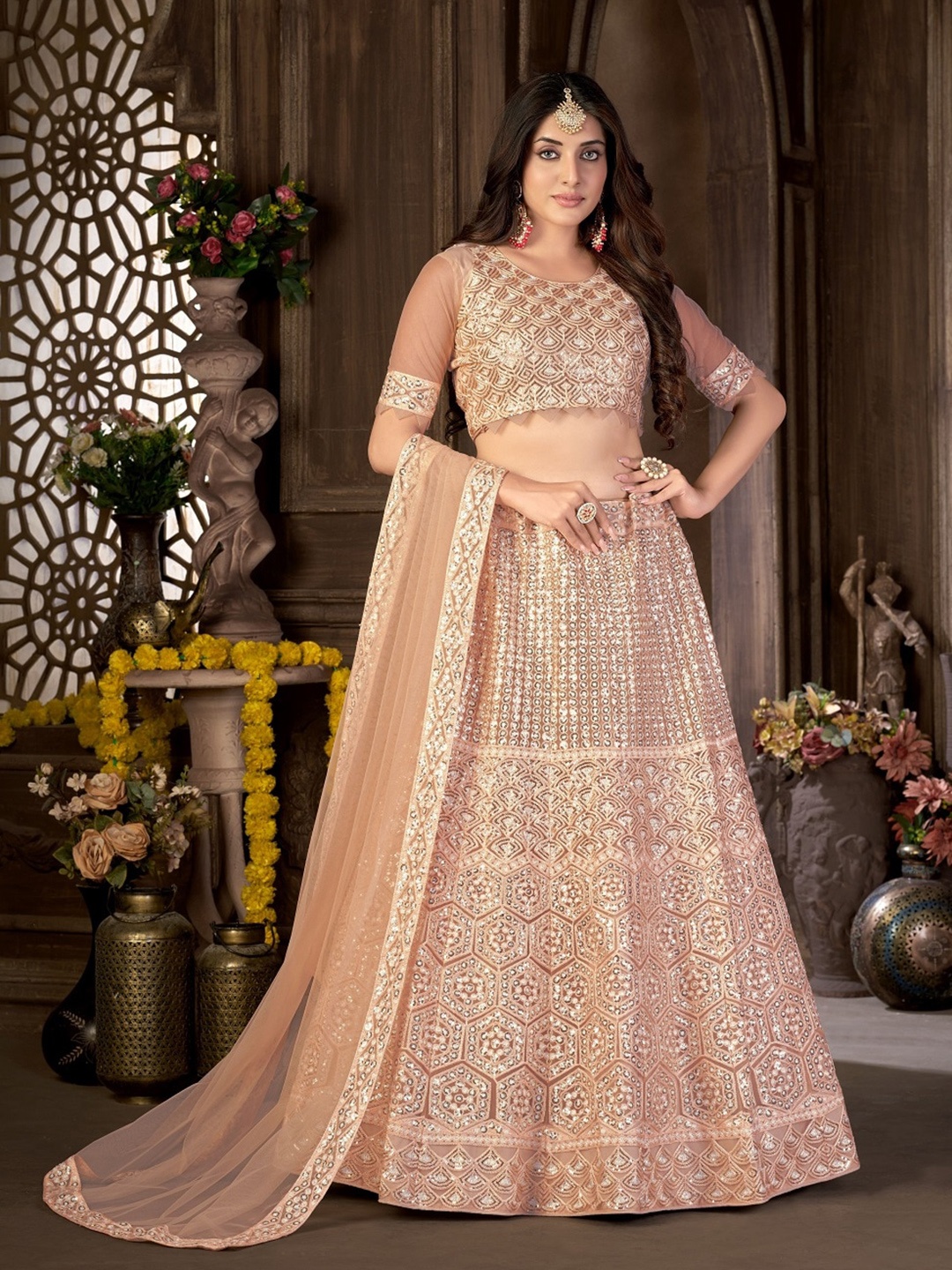 

Panzora Embroidered Sequinned Semi-Stitched Lehenga & Blouse With Dupatta, Peach