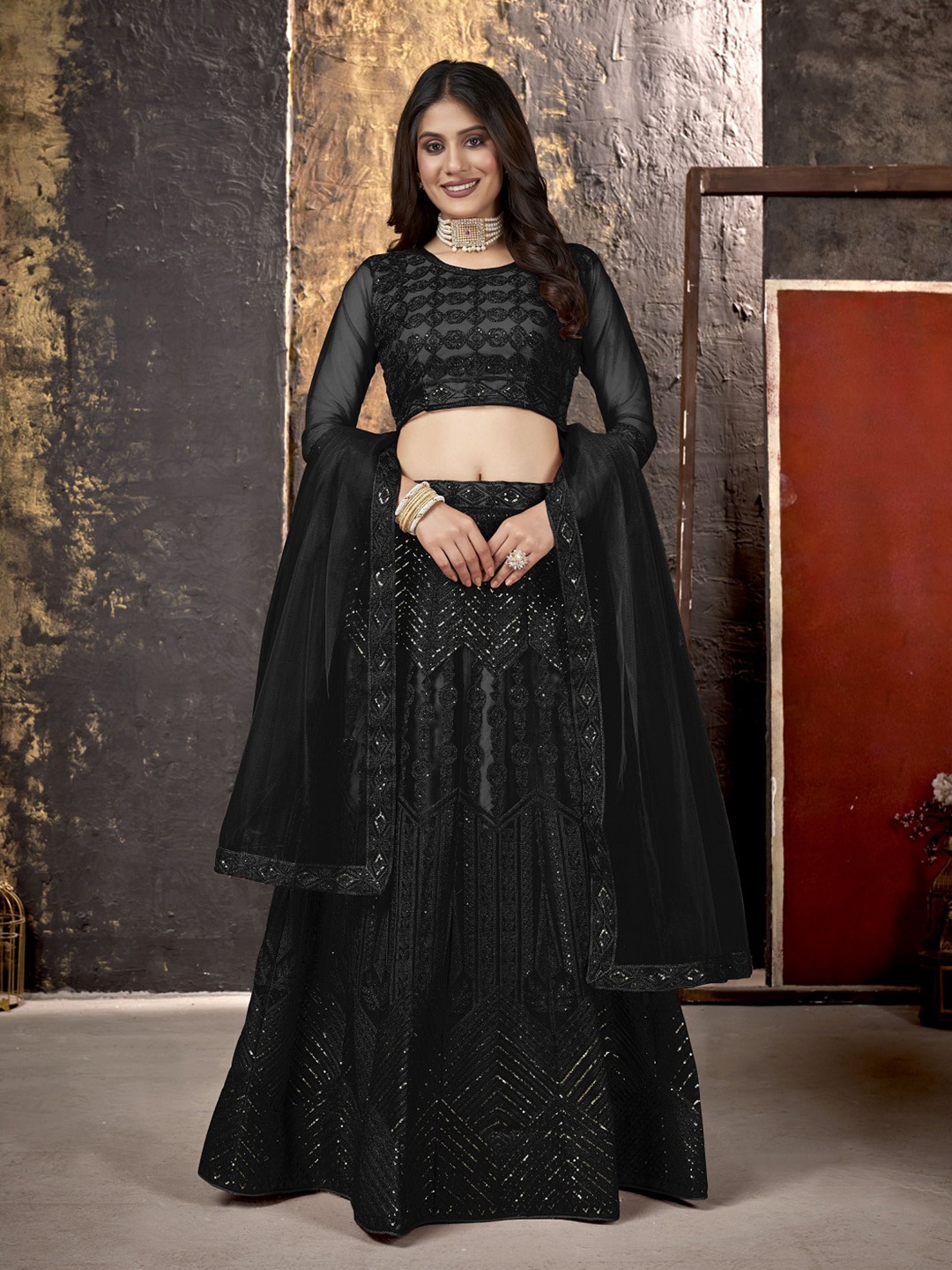 

Panzora Embroidered Sequinned Semi-Stitched Lehenga & Blouse With Dupatta, Black