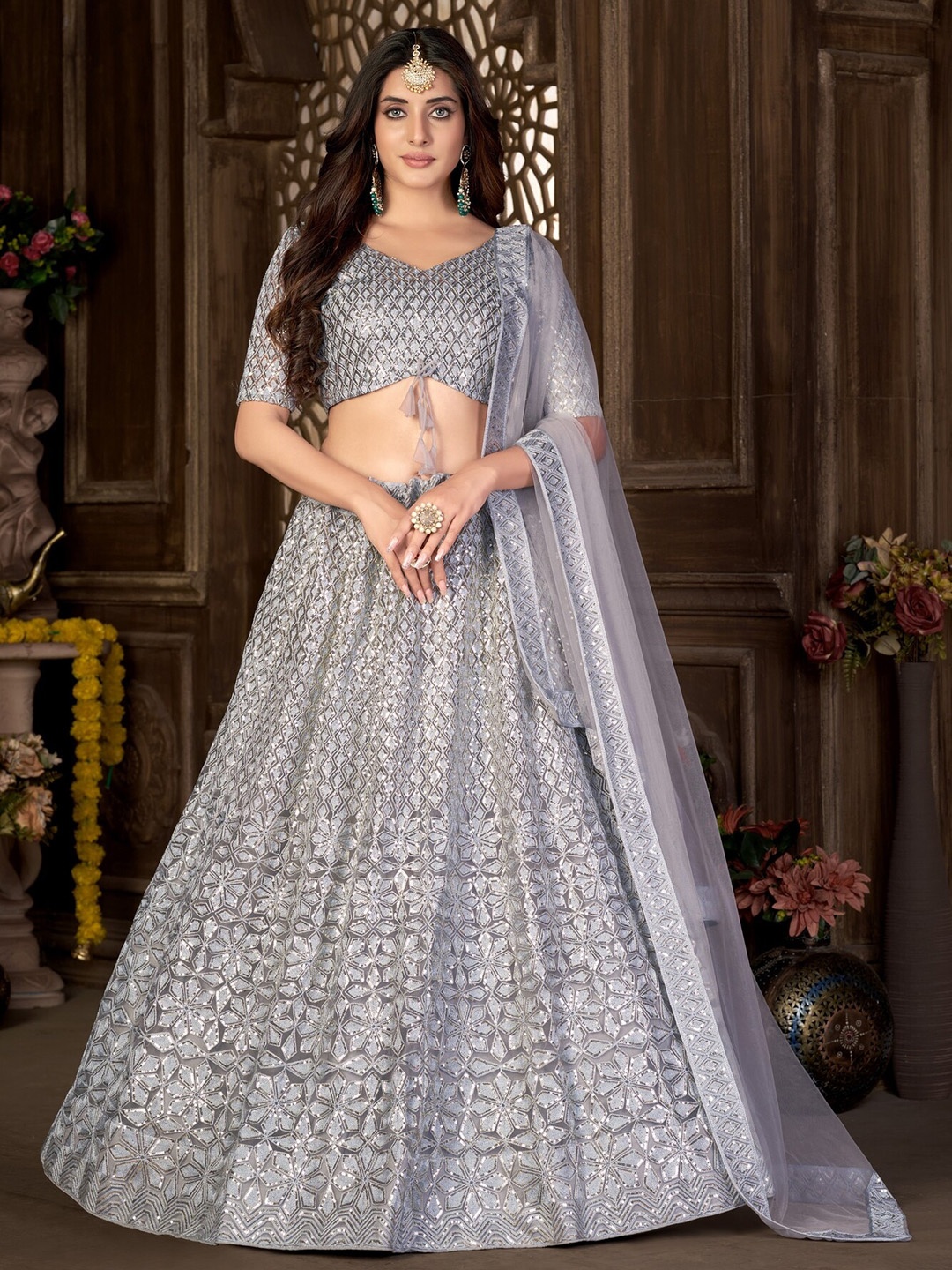 

Panzora Embroidered Sequinned Semi-Stitched Lehenga & Blouse With Dupatta, Grey