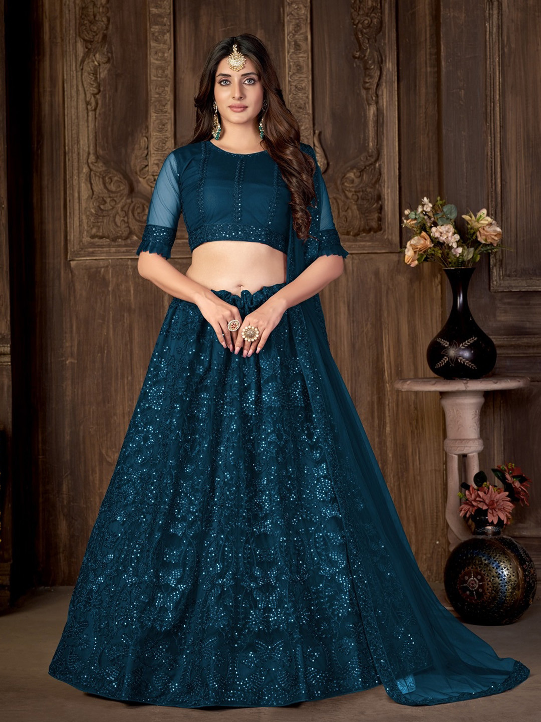 

Panzora Teal Embroidered Sequinned Semi-Stitched Lehenga & Blouse With Dupatta