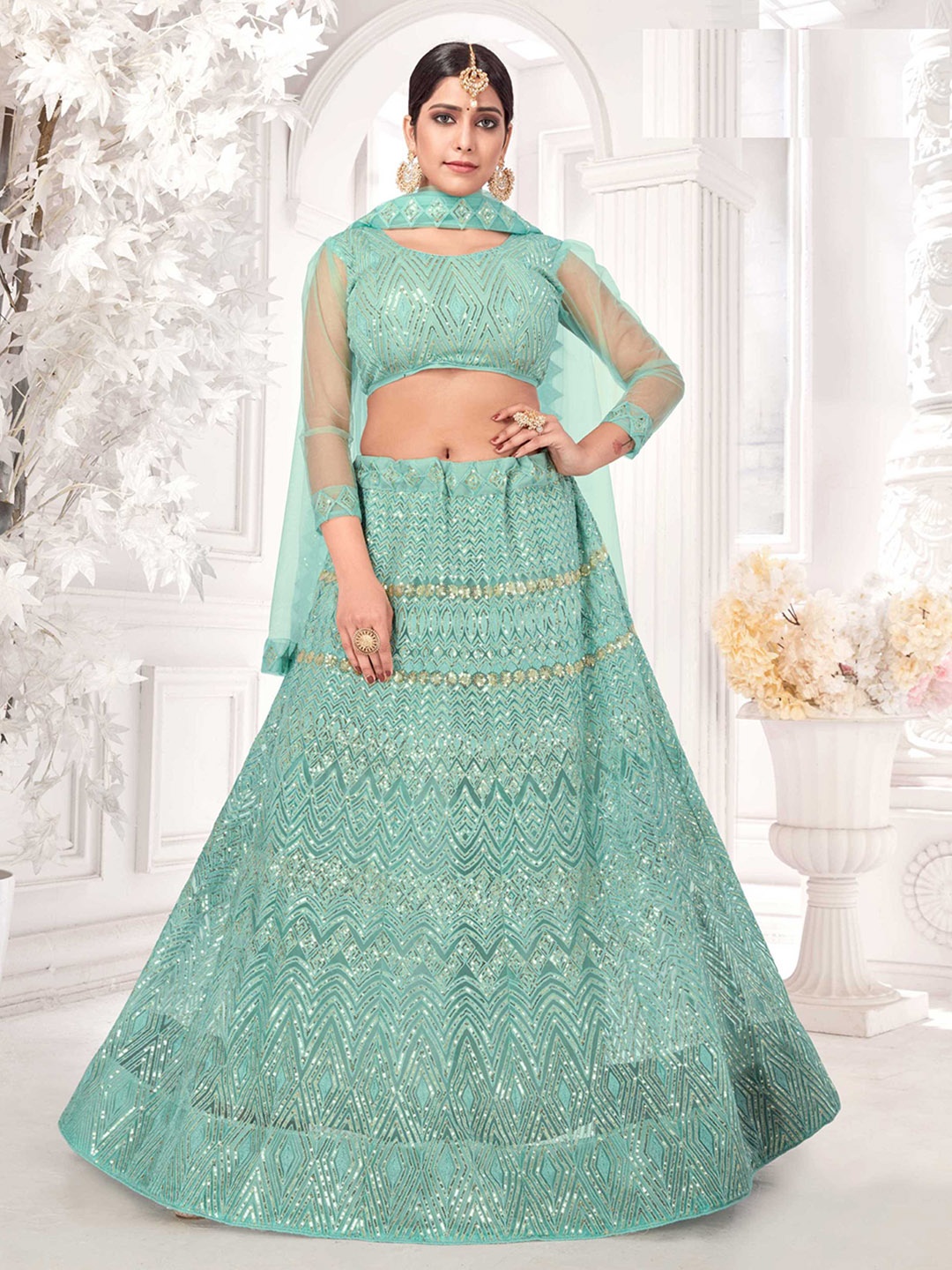 

Panzora Embroidered Sequinned Semi-Stitched Lehenga & Blouse With Dupatta, Sea green