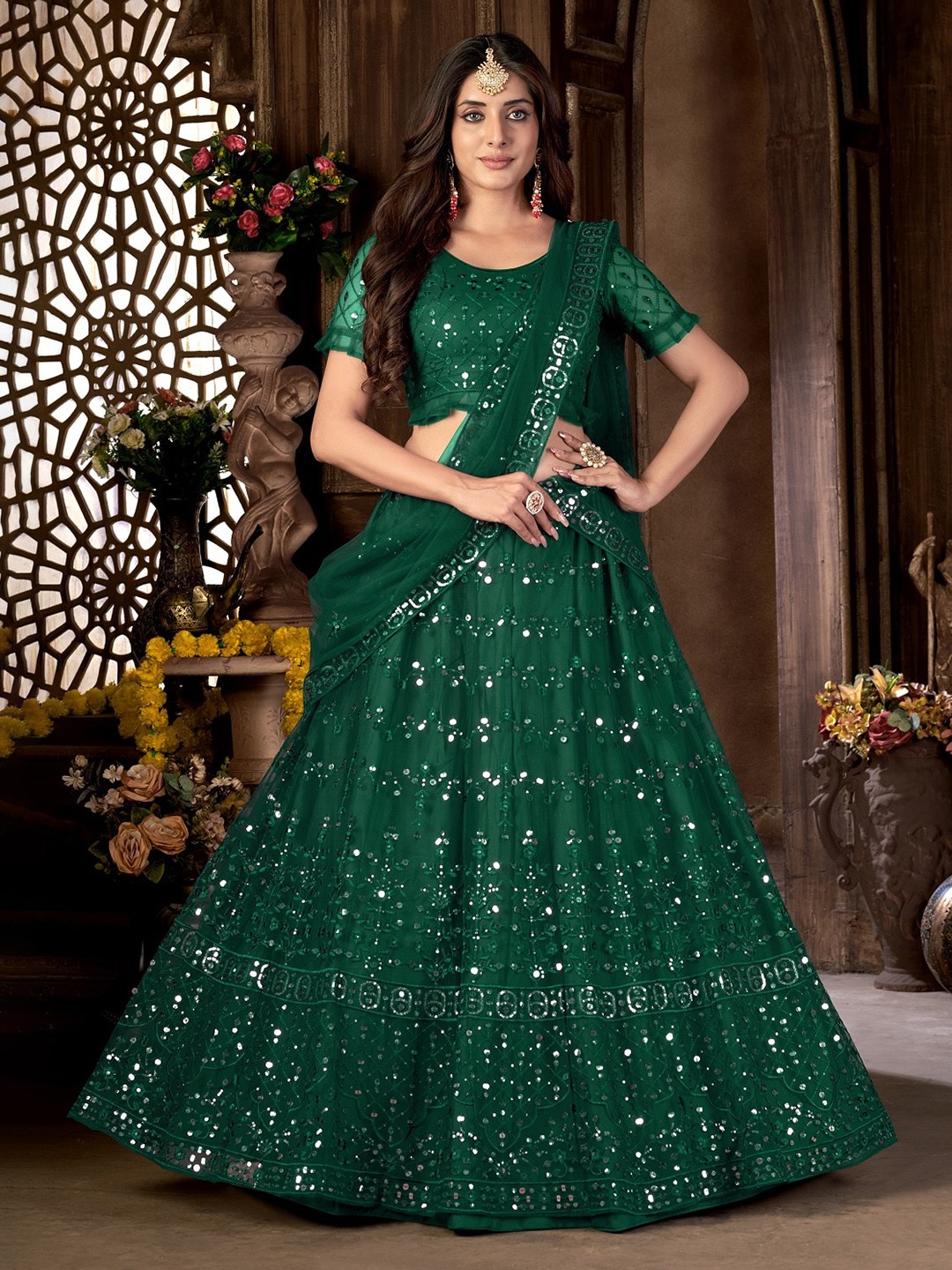 

Panzora Floral Embroidered Sequined Semi-Stitched Lehenga & Blouse With Dupatta, Green