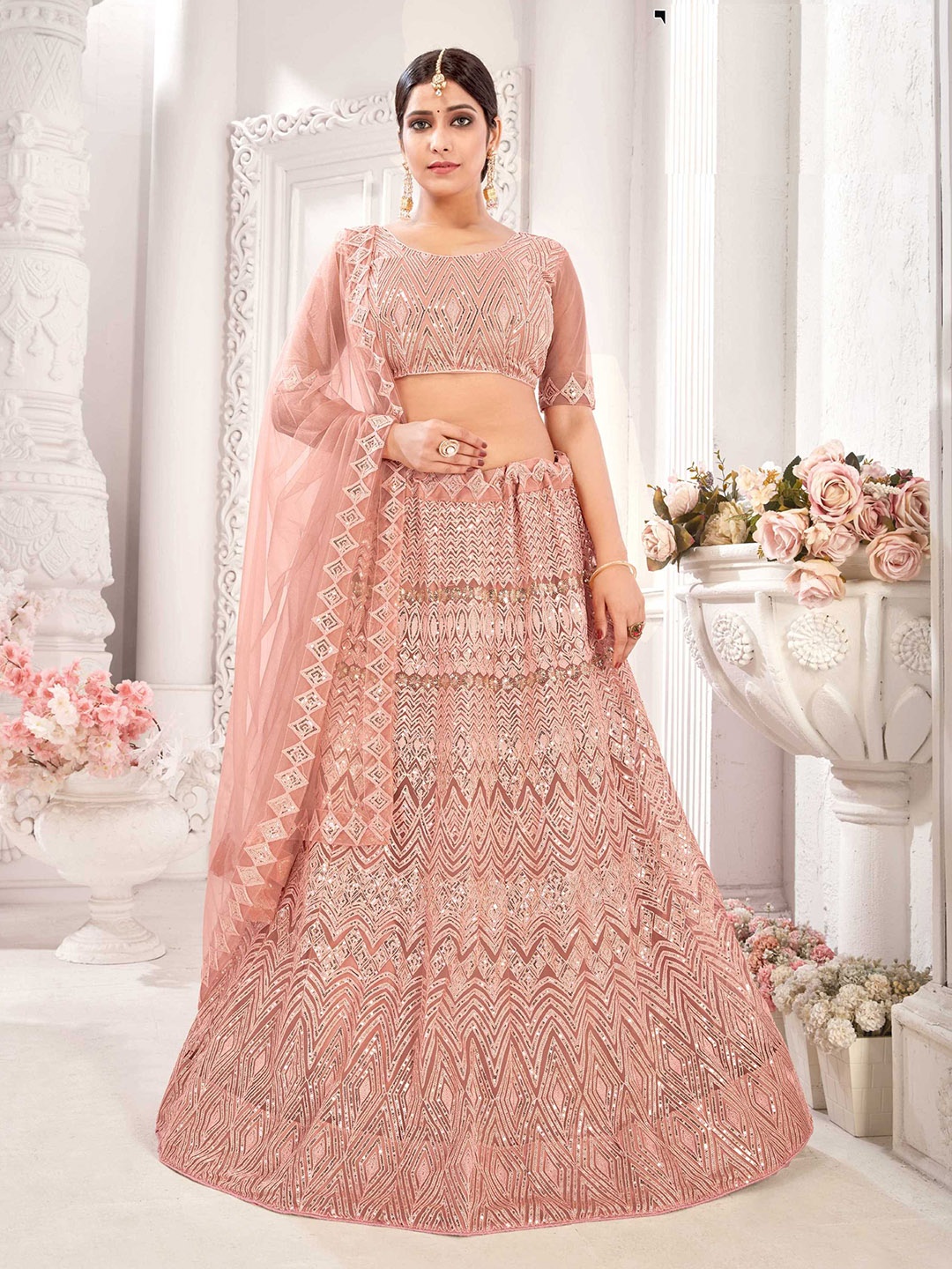 

Panzora Embroidered Sequinned Semi-Stitched Lehenga & Blouse With Dupatta, Peach