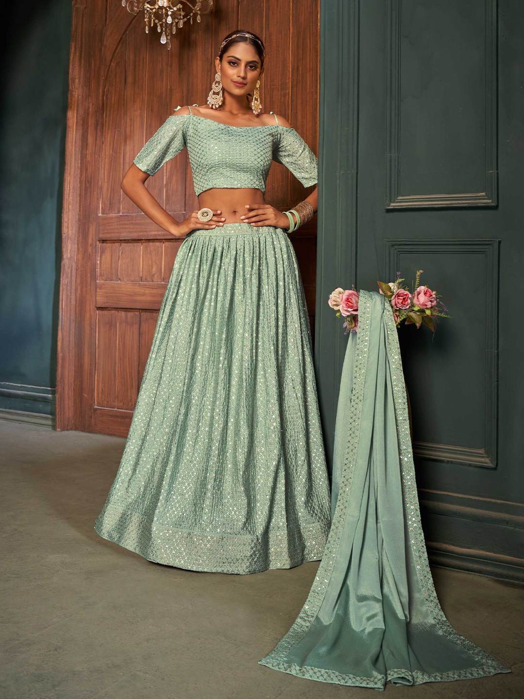 

Panzora Embroidered Sequinned Semi Stitched Lehenga & Blouse With Dupatta, Green