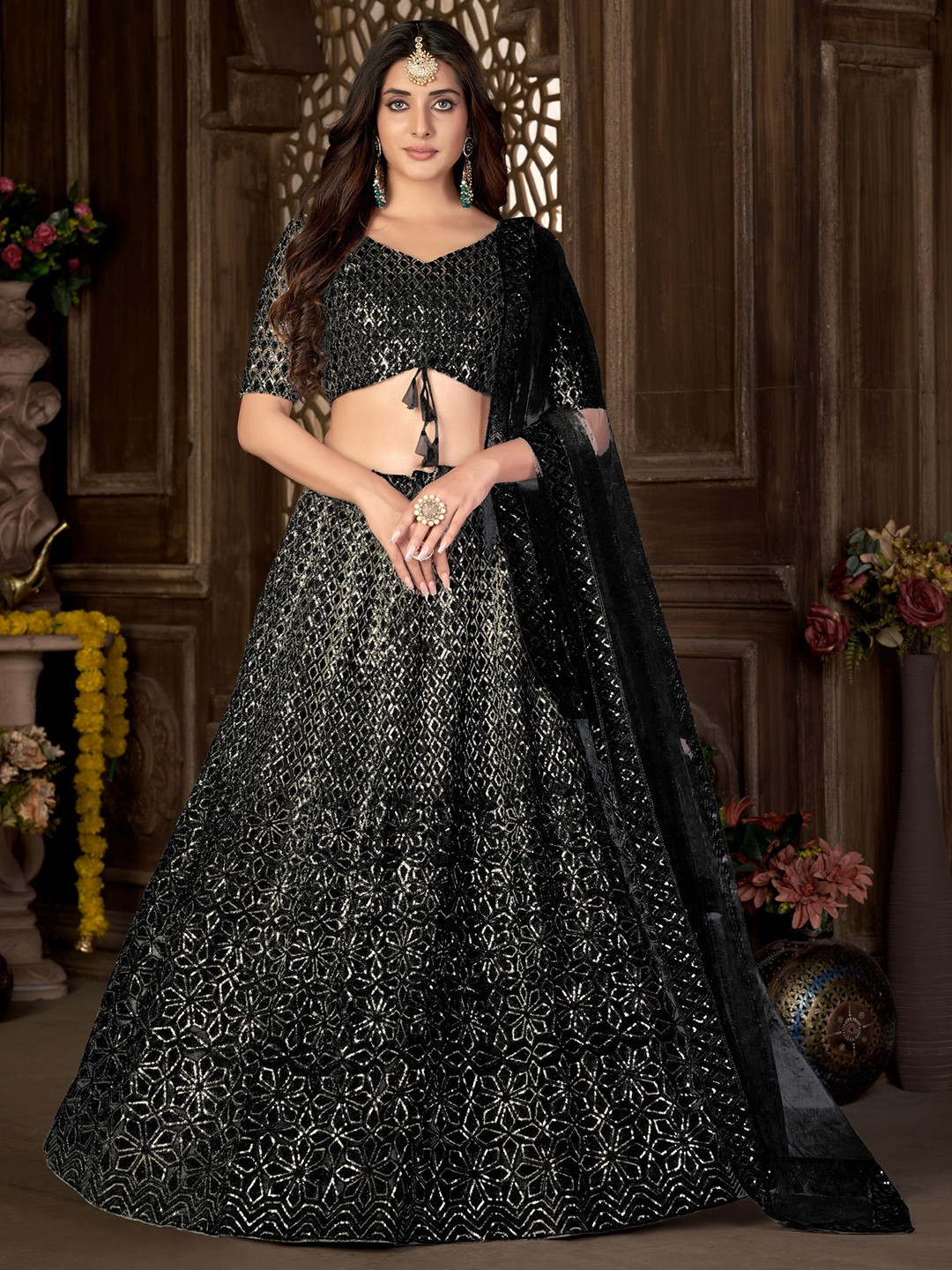 

Panzora Floral Embroidered Sequined Semi-Stitched Lehenga & Blouse With Dupatta, Black