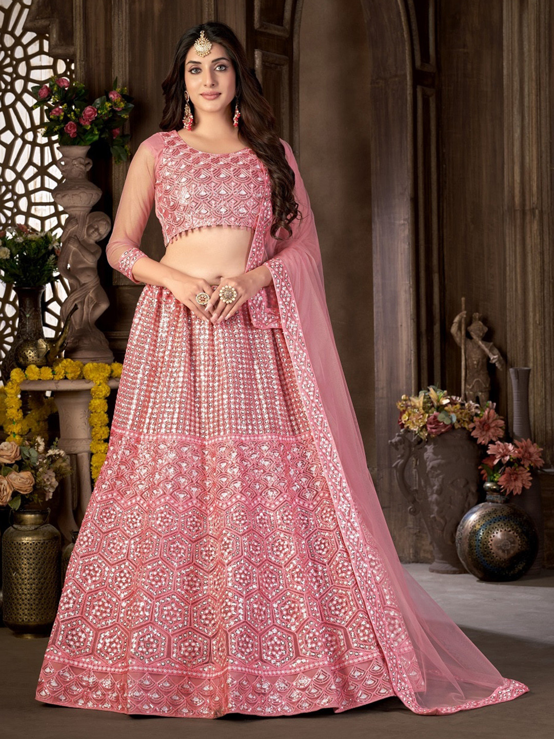 

Panzora Floral Embroidered Sequined Semi-Stitched Lehenga & Blouse With Dupatta, Pink