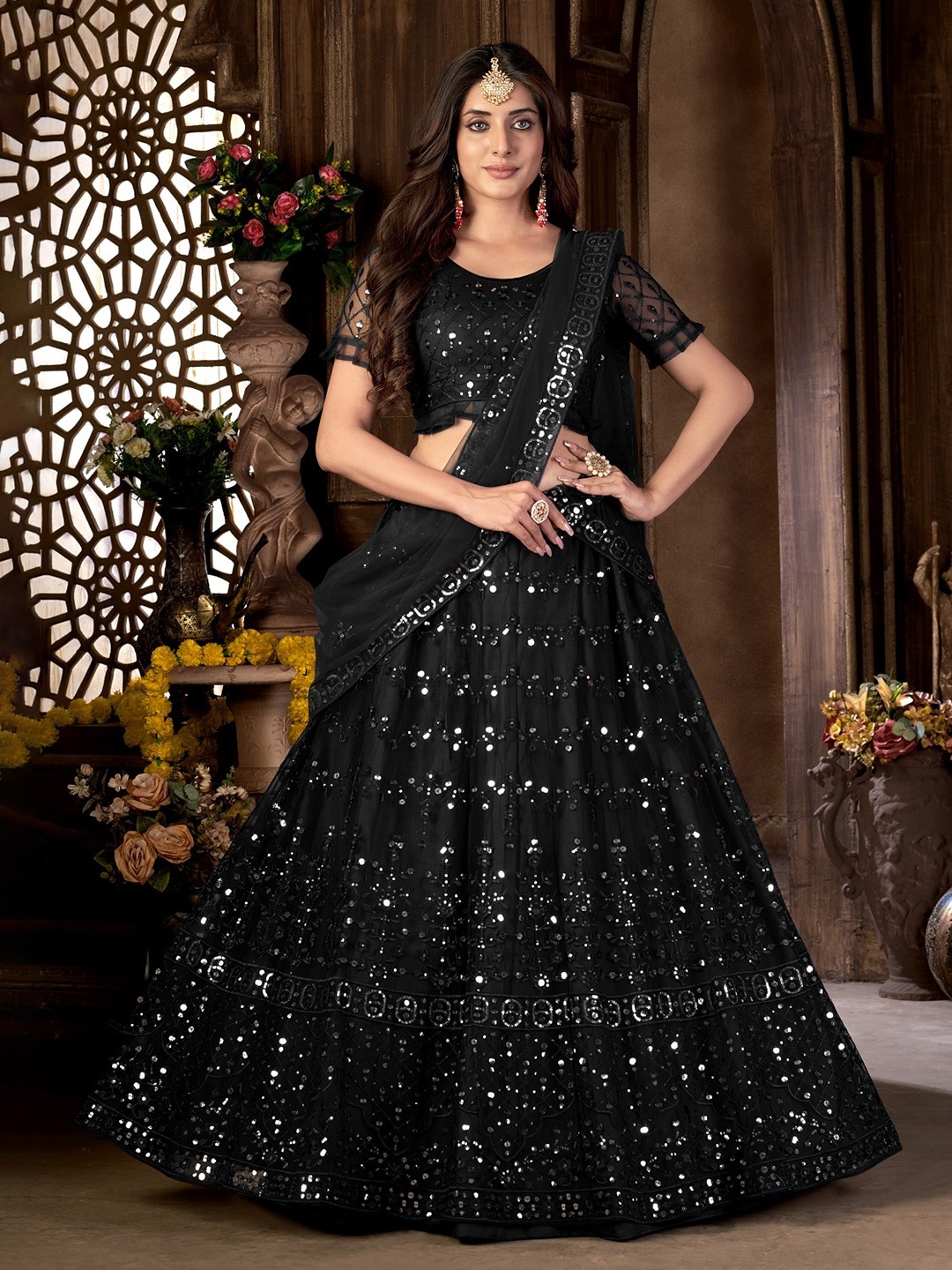 

Panzora Embroidered Sequinned Semi-Stitched Lehenga & Blouse With Dupatta, Black