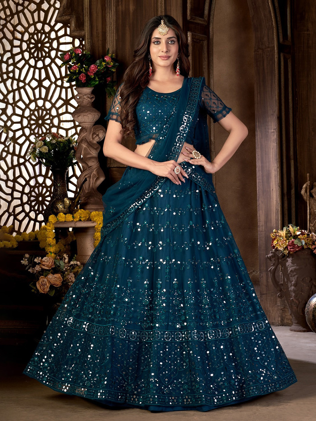 

Panzora Floral Embroidered Sequined Semi-Stitched Lehenga & Blouse With Dupatta, Teal