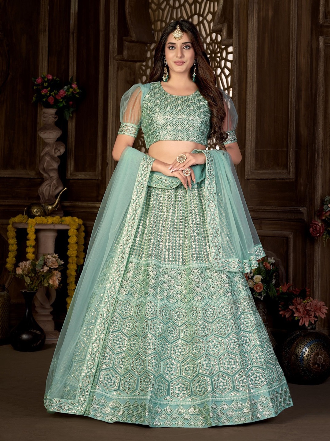 

Panzora Floral Embroidered Sequinned Semi-Stitched Lehenga & Blouse With Dupatta, Blue