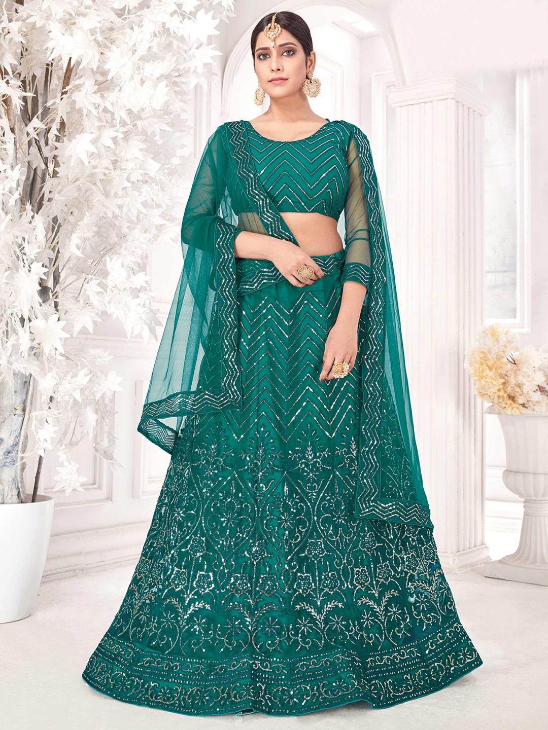 

Panzora Embroidered Sequined Semi-Stitched Lehenga & Blouse With Dupatta, Green