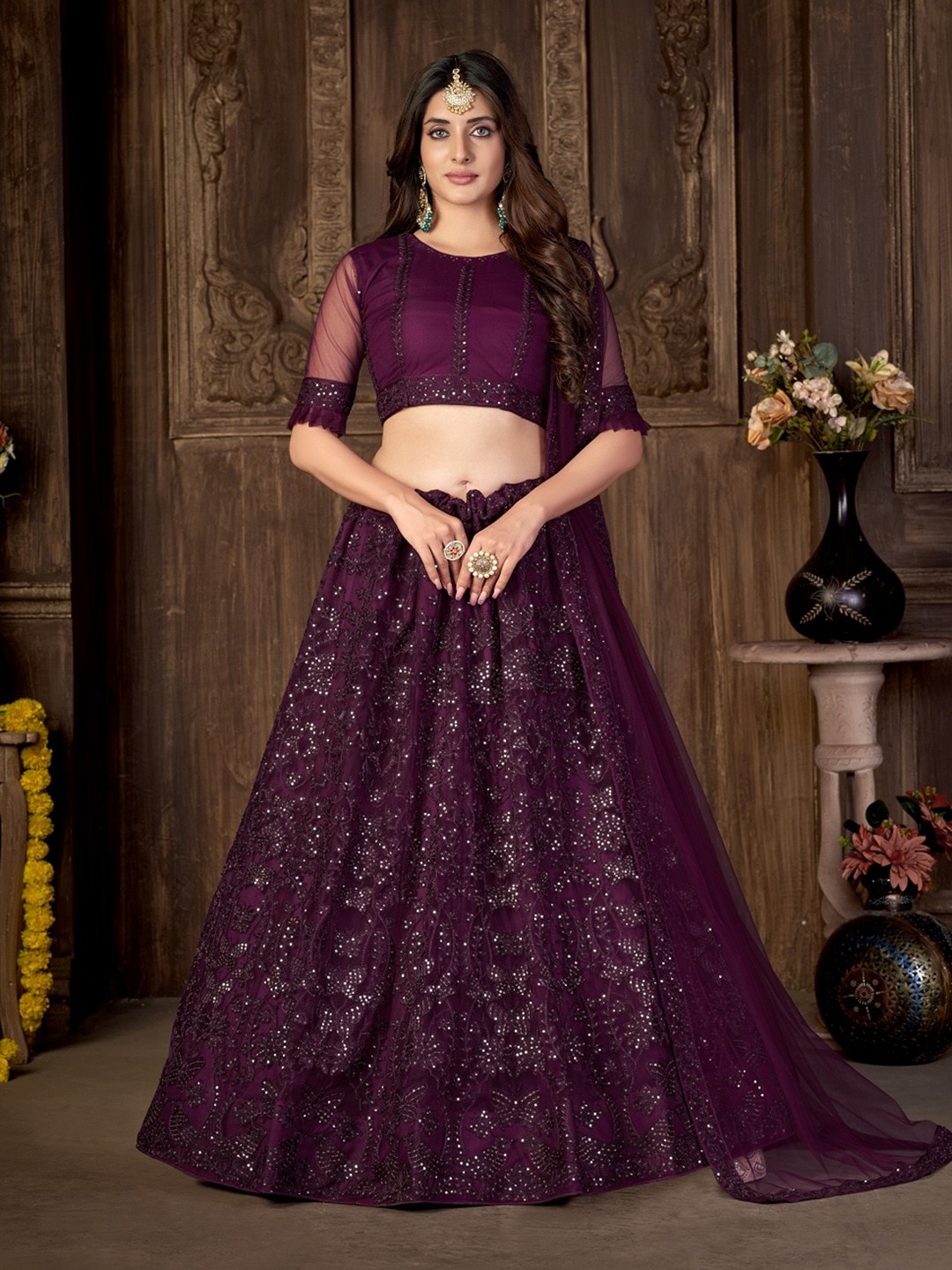 

Panzora Floral Embroidered Sequined Semi-Stitched Lehenga & Blouse With Dupatta, Purple