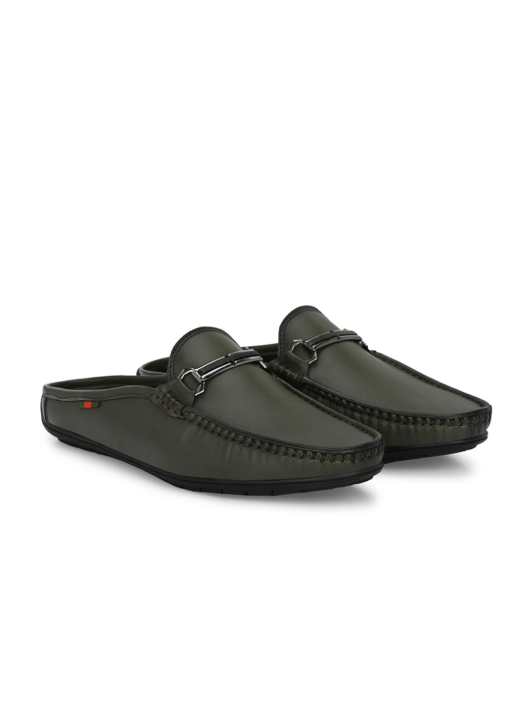 

Azzaro Black Men Buckled Round Toe Mules, Olive
