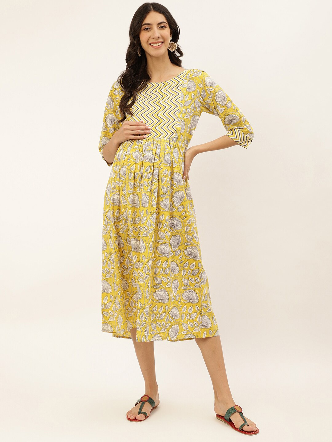 

Negen Floral Printed Cotton Maternity A-Line Midi Dress, Yellow