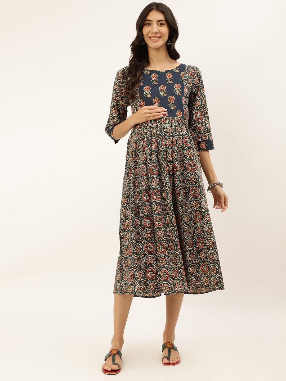 

Negen Ethnic Motif Printed Maternity Gathered And Pleated Cotton A-Line Midi Dress, Blue