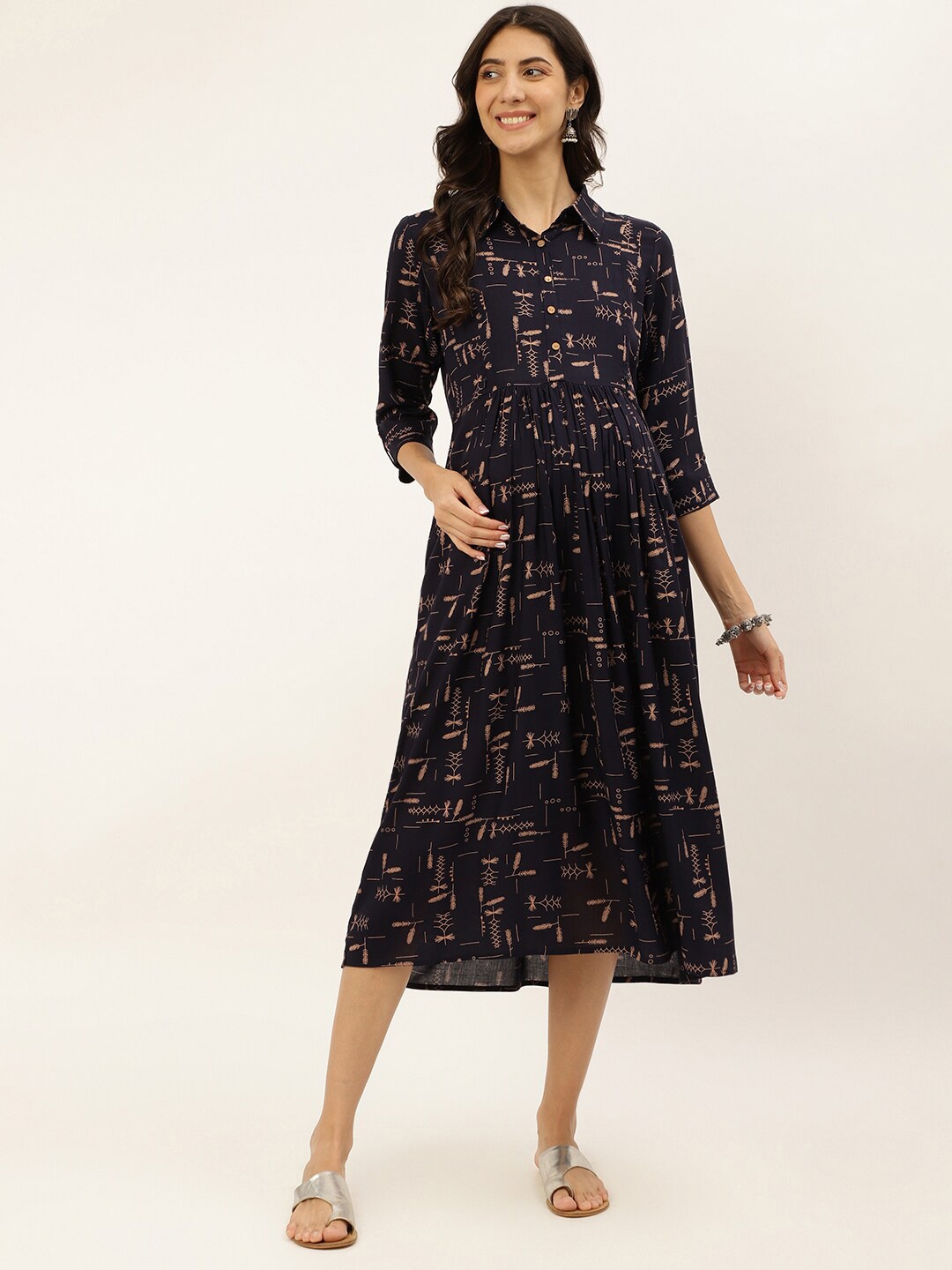

Negen Floral Printed Shirt Collar Maternity A-Line Midi Dress, Navy blue