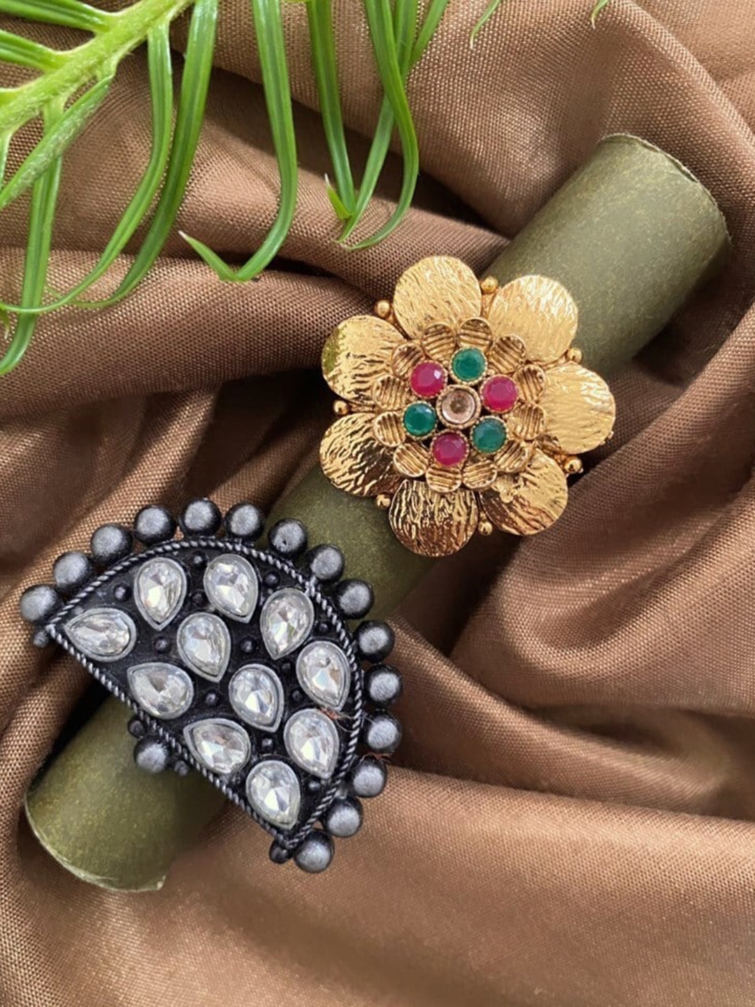 

ATIBELLE Set Of 2 Gold & Silver Plated Stone-Studded & Beaded Adjustable Finger Ring