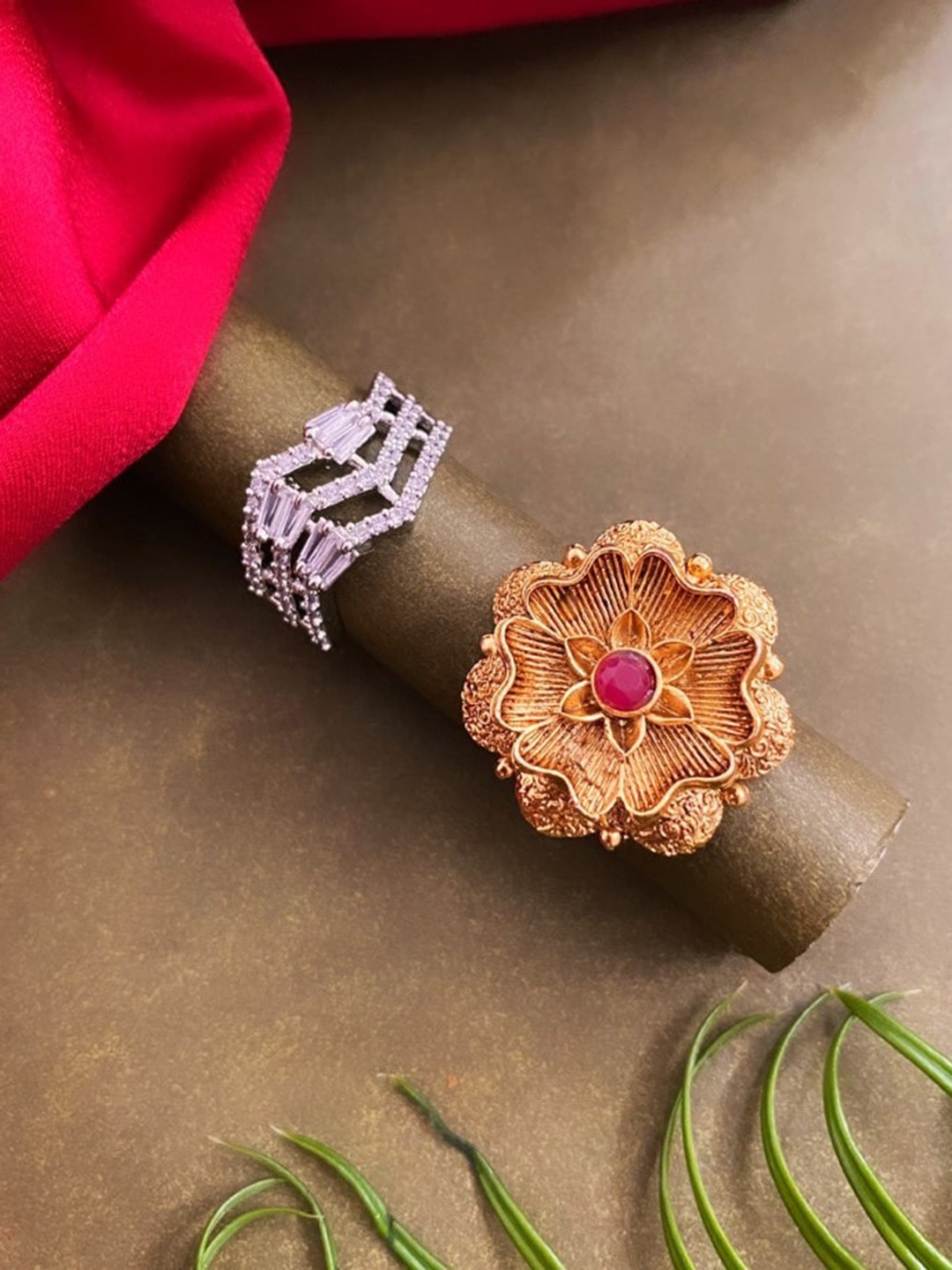 

ATIBELLE Set of 2 Gold-Plated CZ Studded Adjustable Finger Ring