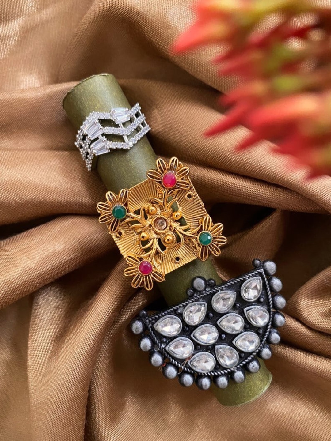 

ATIBELLE Set Of 3 Gold-Plated & Silver-Plated Stones-Studded Finger Rings