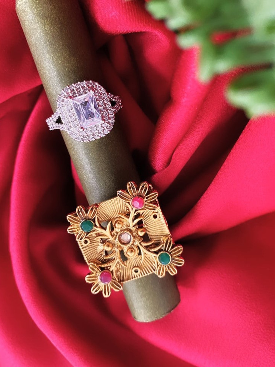 

ATIBELLE Set of 2 Gold-Plated CZ Stone-Studded Adjustable Finger Ring