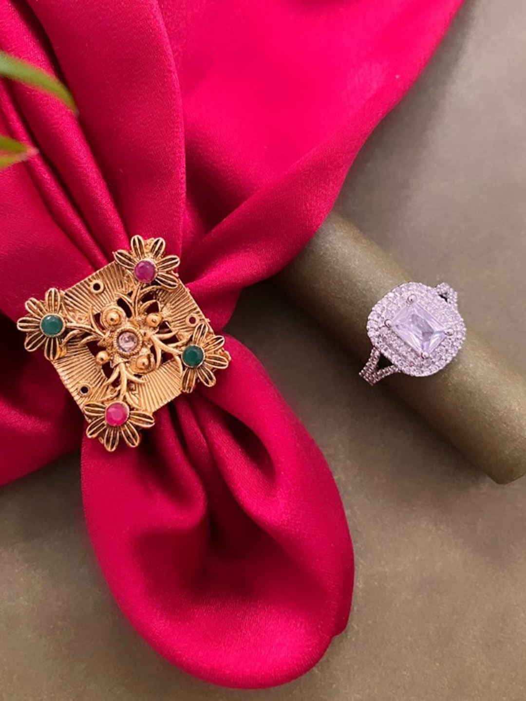 

ATIBELLE Set Of 2 Gold-Plated CZ Studded Floral Rings