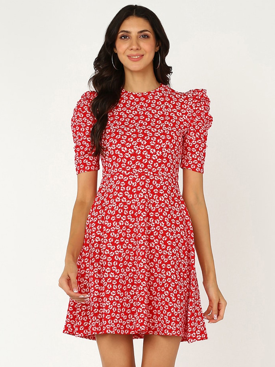 

Mast & Harbour Floral Printed Puff Sleeve Fit & Flare Dress, Red