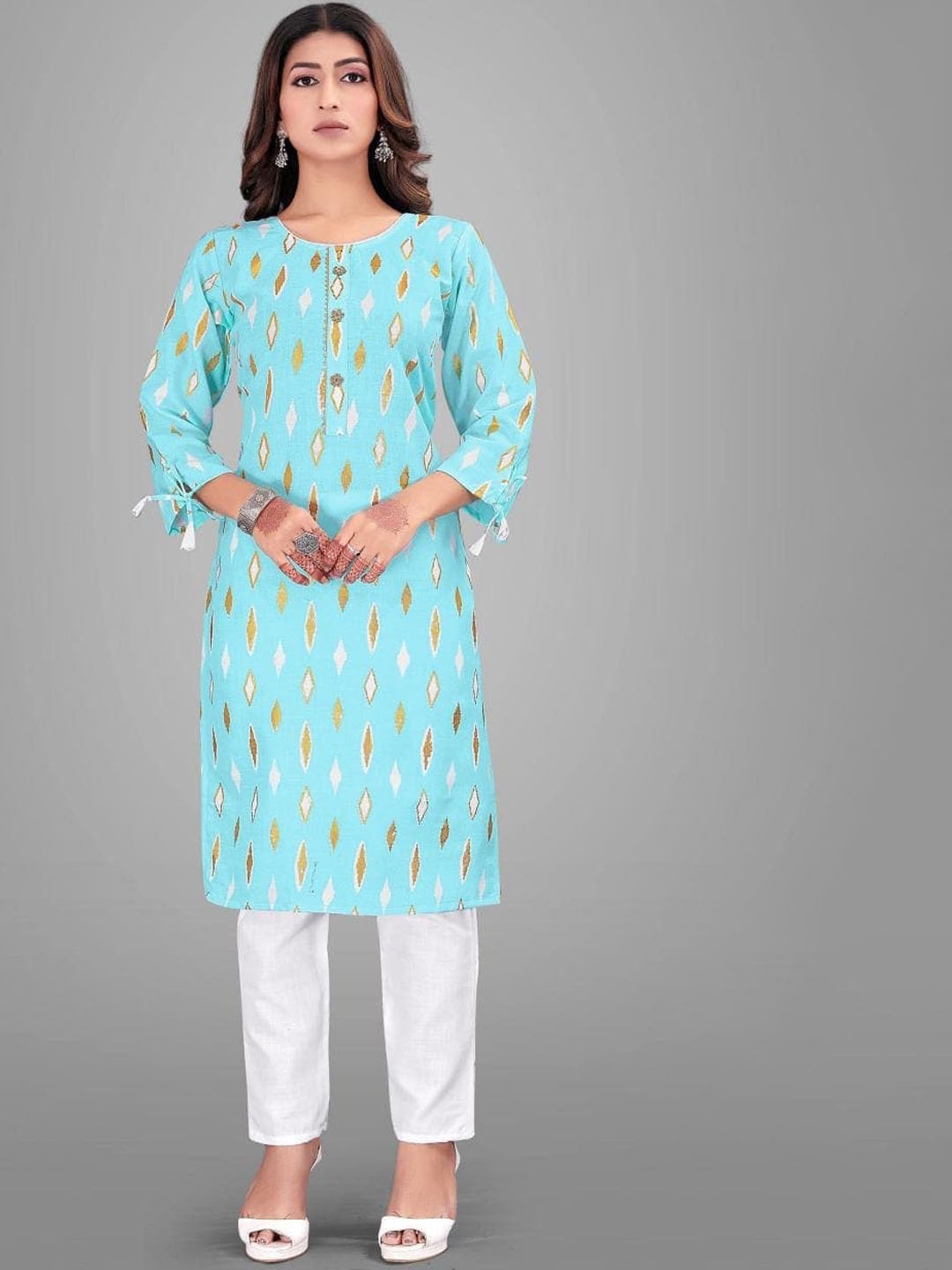 

WORIVOC Geometric Printed Tie-Up Sleeves Regular Kurta with Trousers, Blue