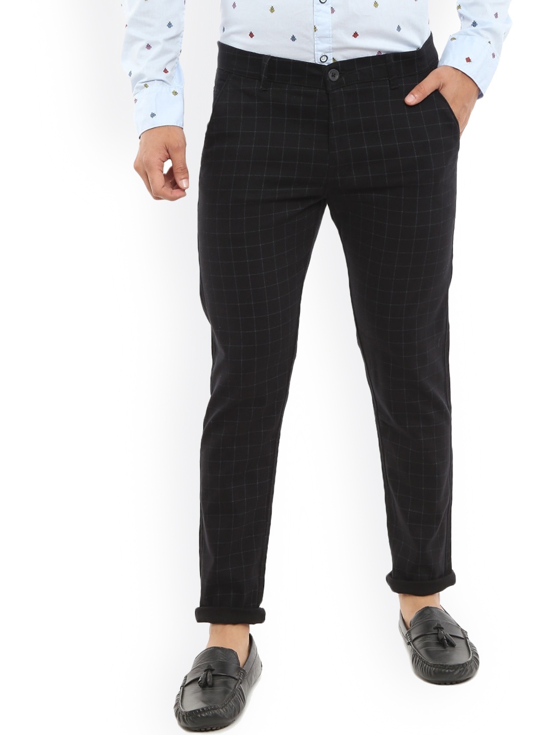 

V-Mart Men Checked Mid-Rise Cotton Regular Trousers, Black