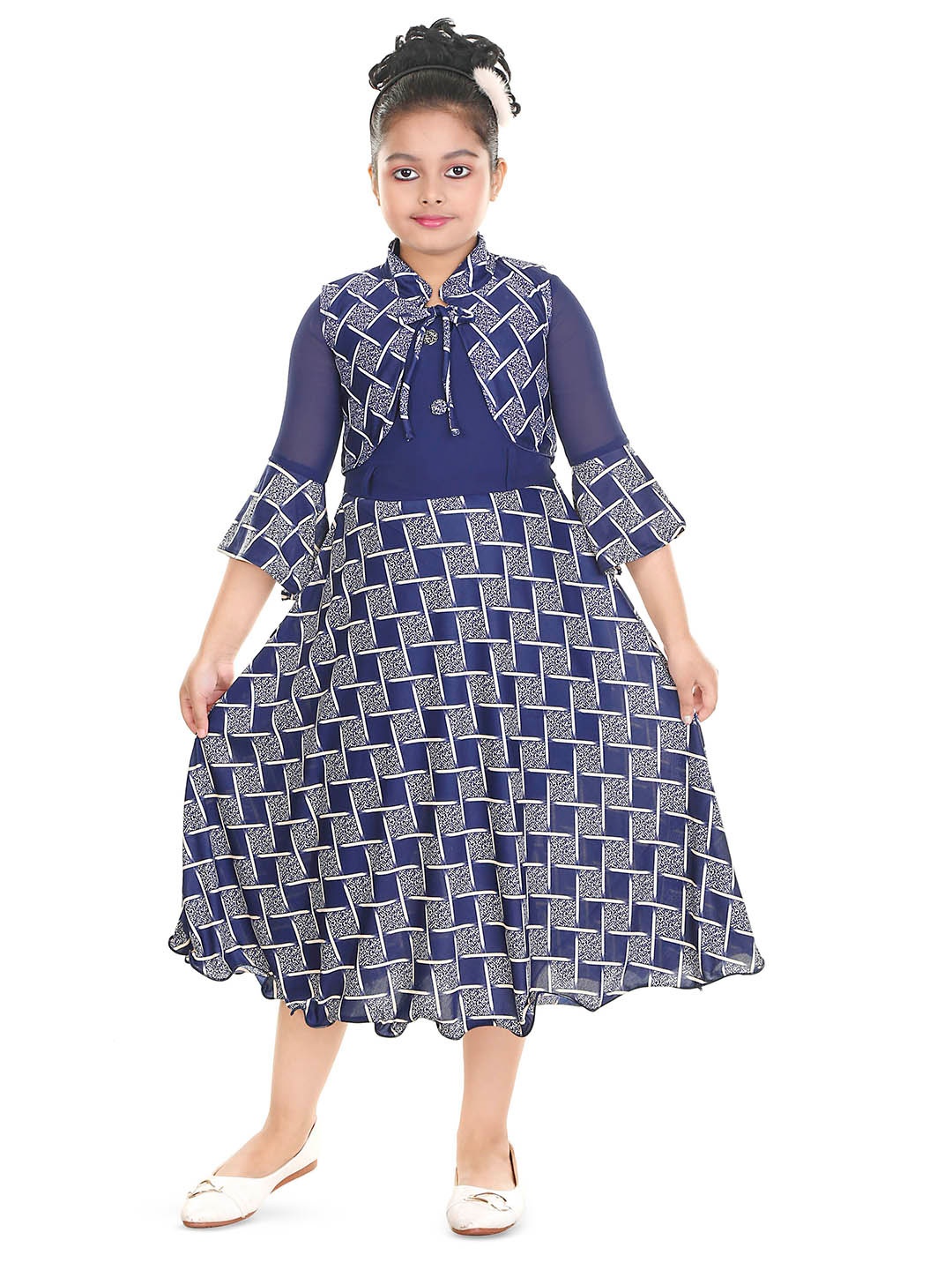 

BAESD Girls Geometric Printed Bell Sleeve Tie-Ups Maxi Dress, Blue