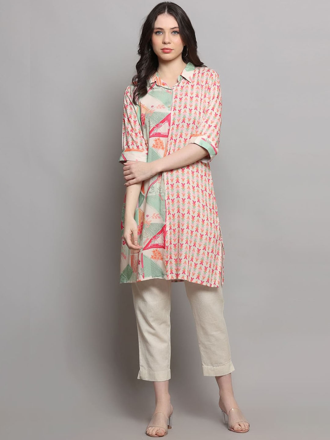 

pinfit Floral Printed Shirt Collar Kurta, Pink