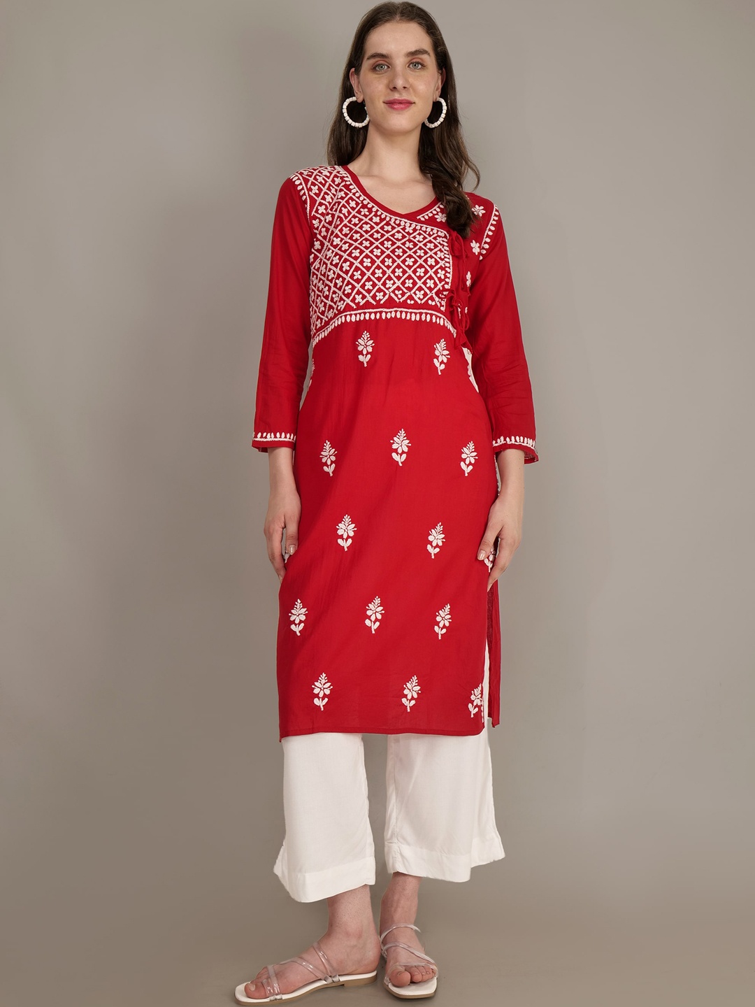 

Syrish Floral Embroidered Pure Cotton Straight Kurta, Red