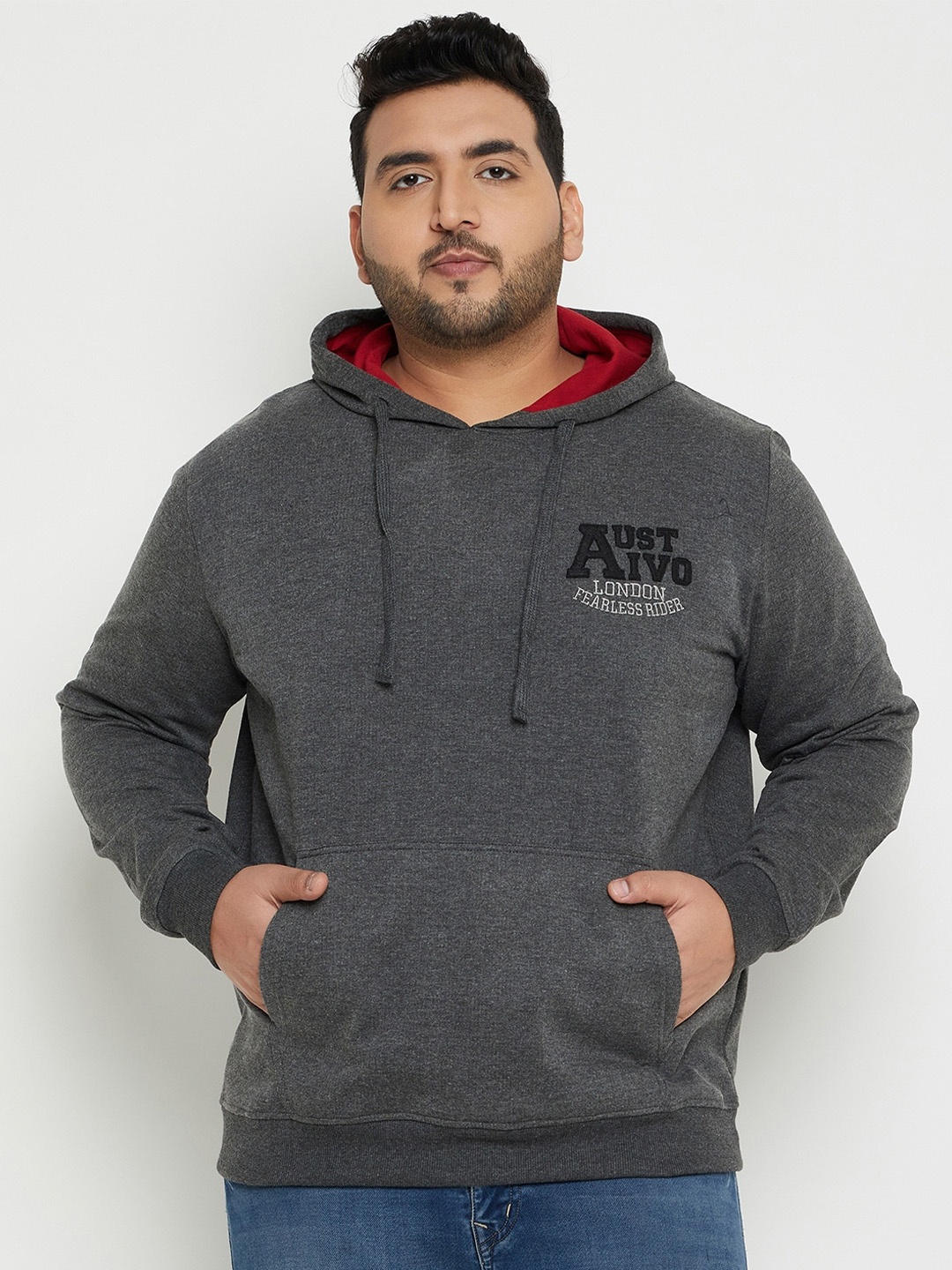 

AUSTIVO Typography Printed Hooded Neck Long Sleeve Pullover Pocket Fleece Sweatshirt, Grey