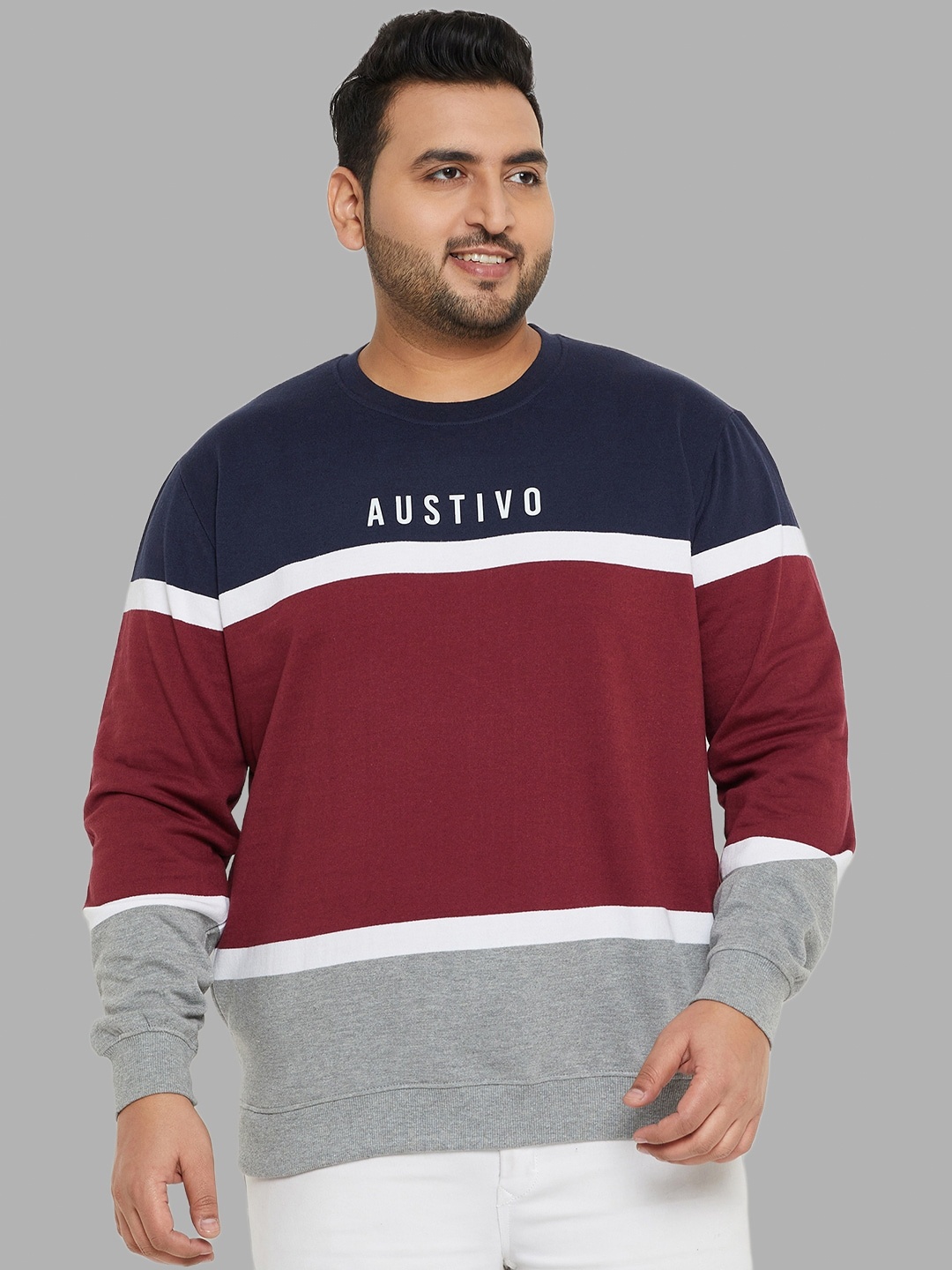 

AUSTIVO Colourblocked Round Neck Pullover, Maroon