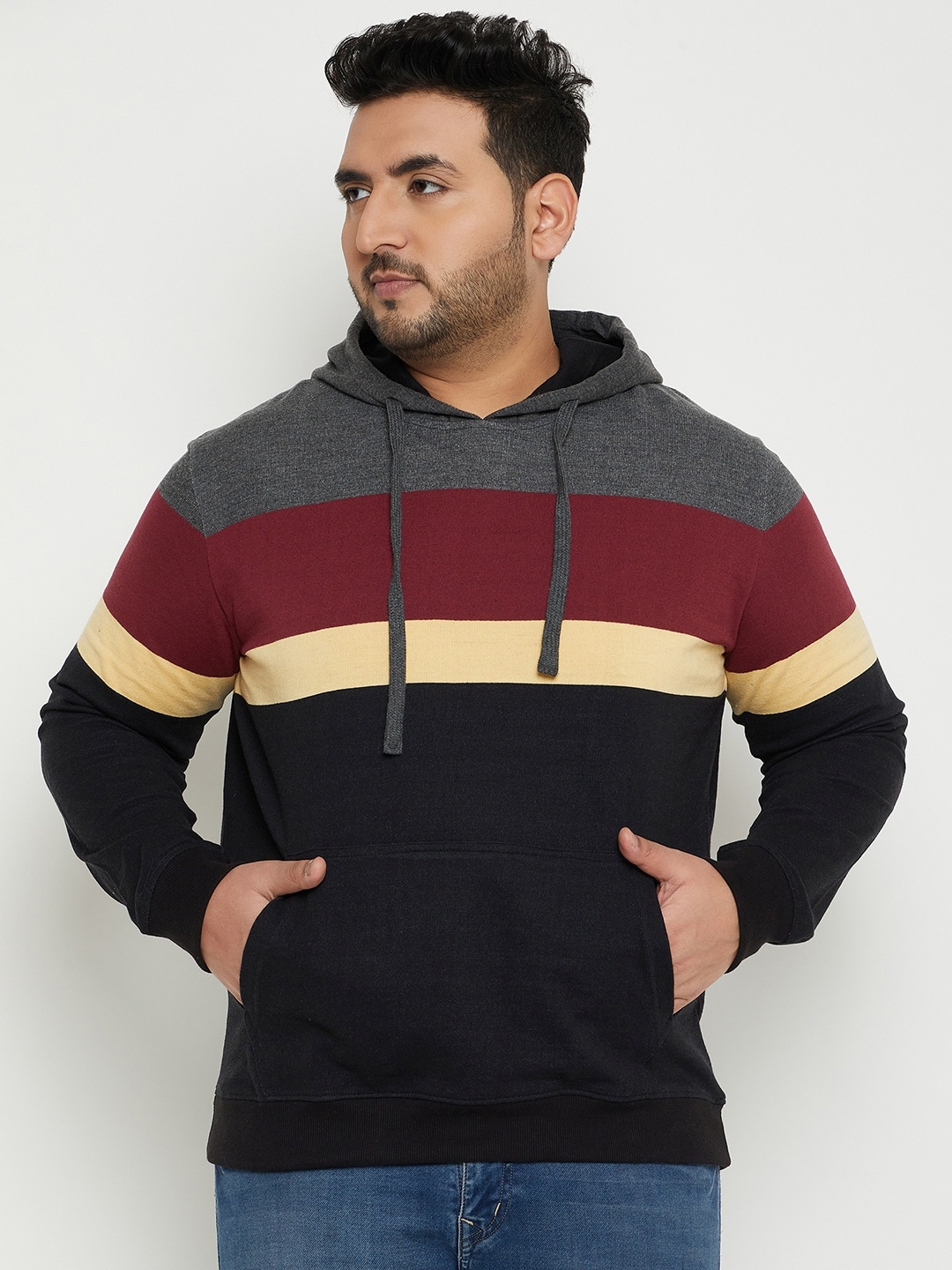 

AUSTIVO Plus Size Hooded Colourblocked Fleece Pullover, Black
