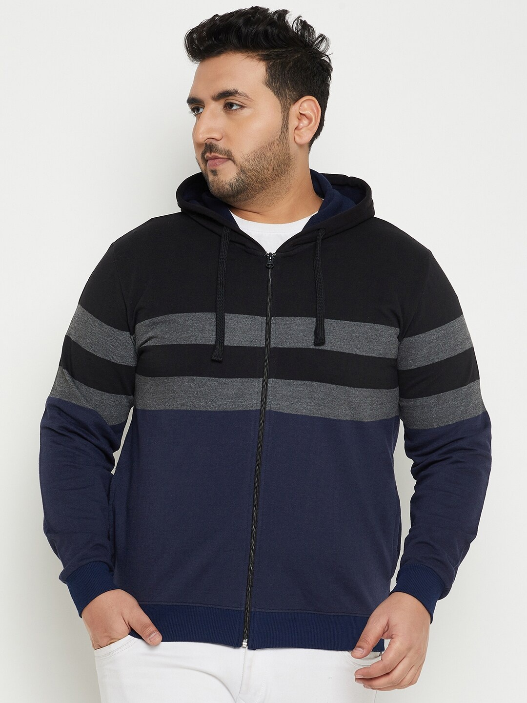 

AUSTIVO Striped Hooded Front-Open Sweatshirt, Navy blue