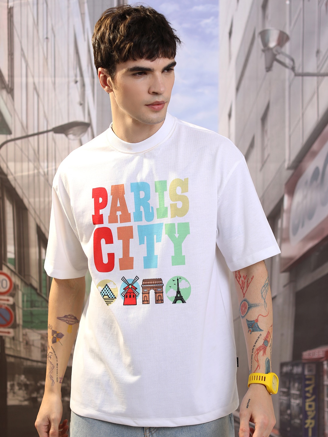 KETCH Unisex Typography Printed Drop-Shoulder Sleeves Oversized T-shirt, White