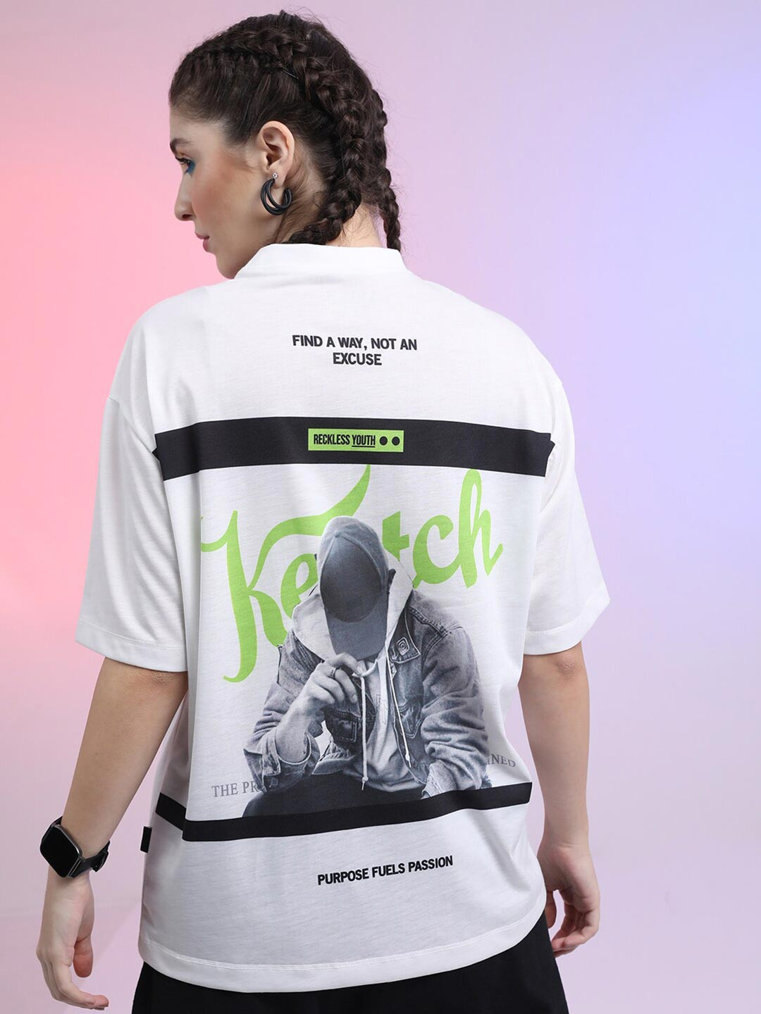 

KETCH Unisex Printed V-Neck Oversized T-shirt, White