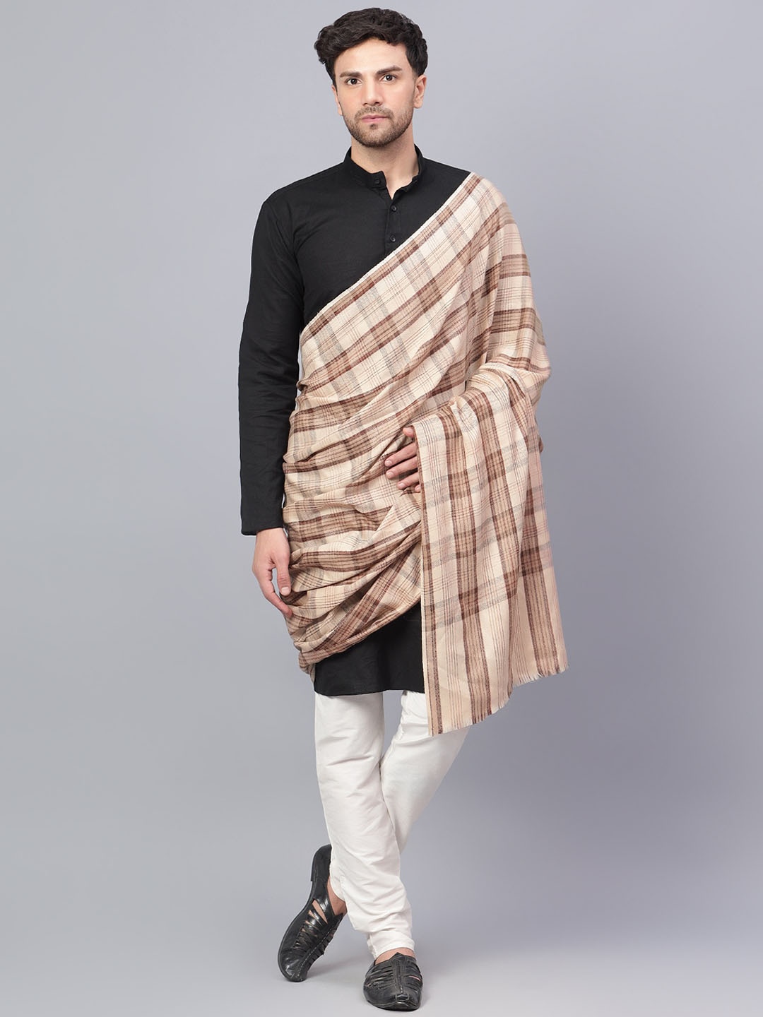 

Mizash Men Checked Woollen Shawl, Beige