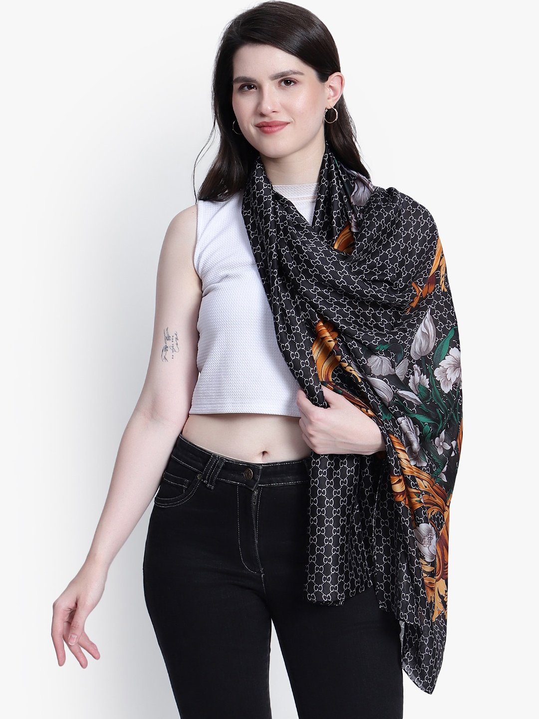 

Mizash Floral Printed Stole, Black