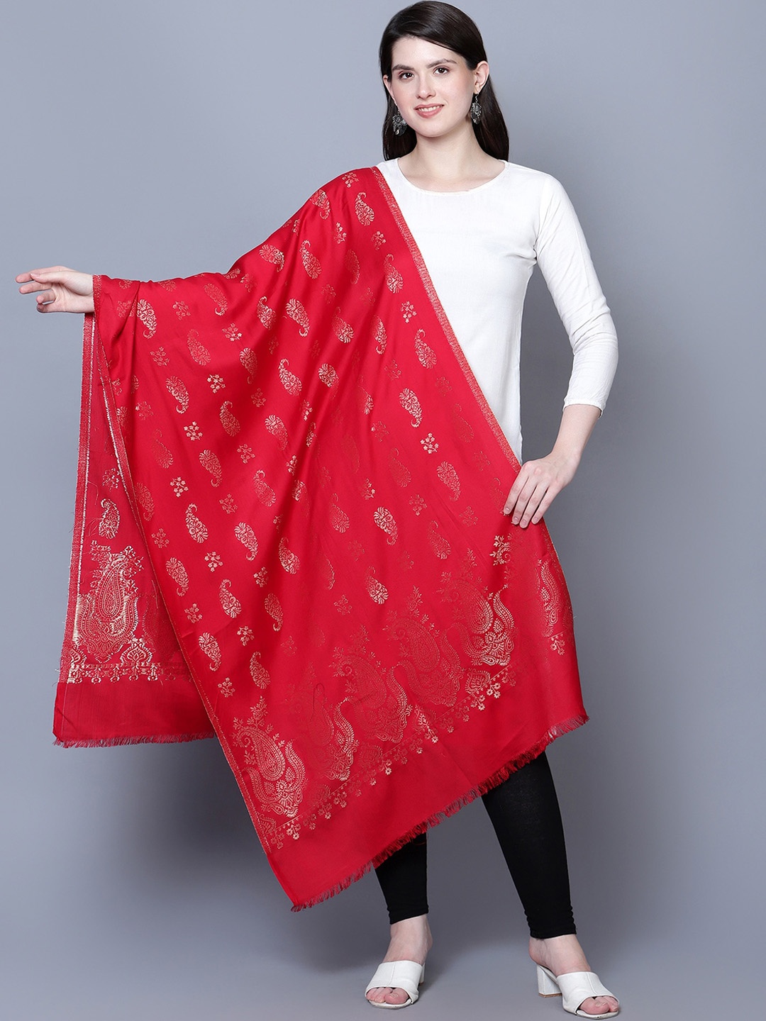 

Mizash Zari Woven Design Woollen Shawl, Red