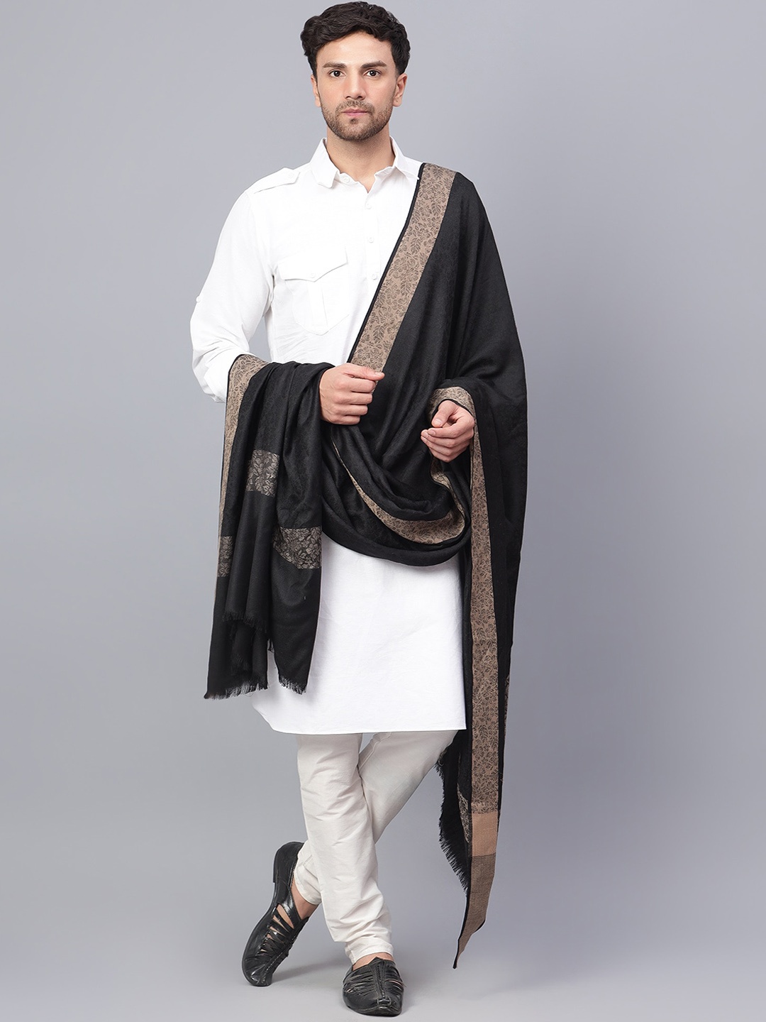 

Mizash Men Self-Design Woollen Shawl, Black