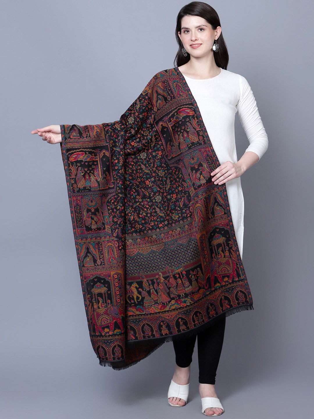 

Mizash Kaani Woven Design Woollen Shawl, Black