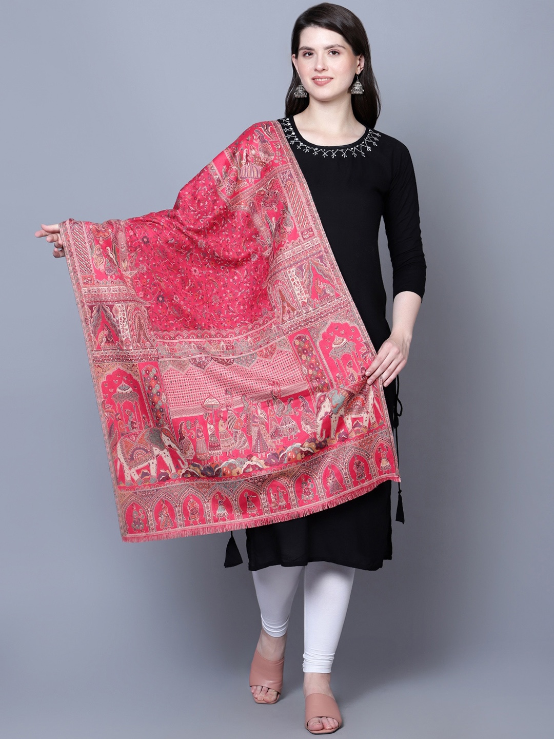 

Mizash Kaani Woven Design Woollen Shawl, Pink