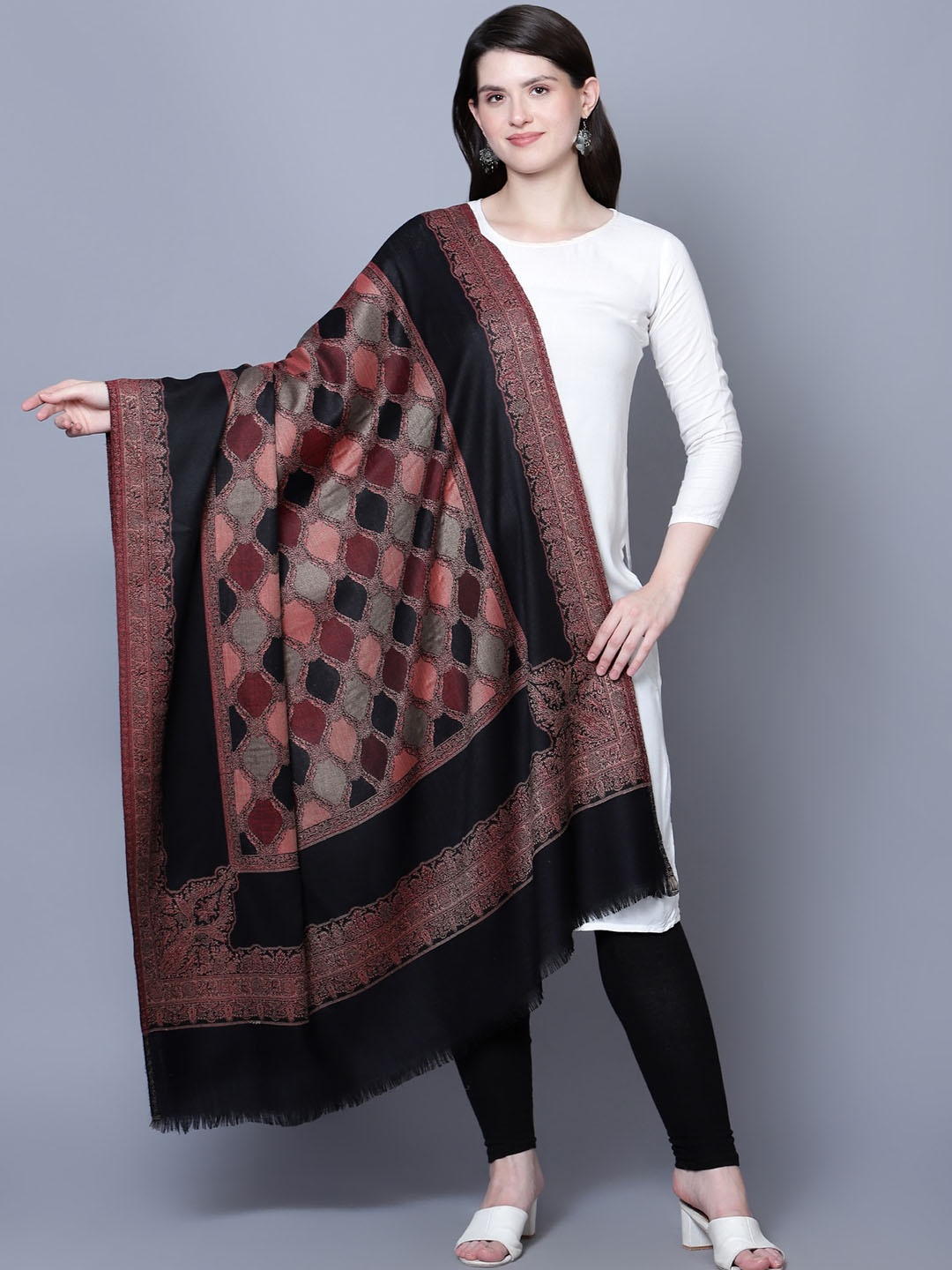 

Mizash Ethnic Motif Woven Design Jaal Woolen Shawl, Black