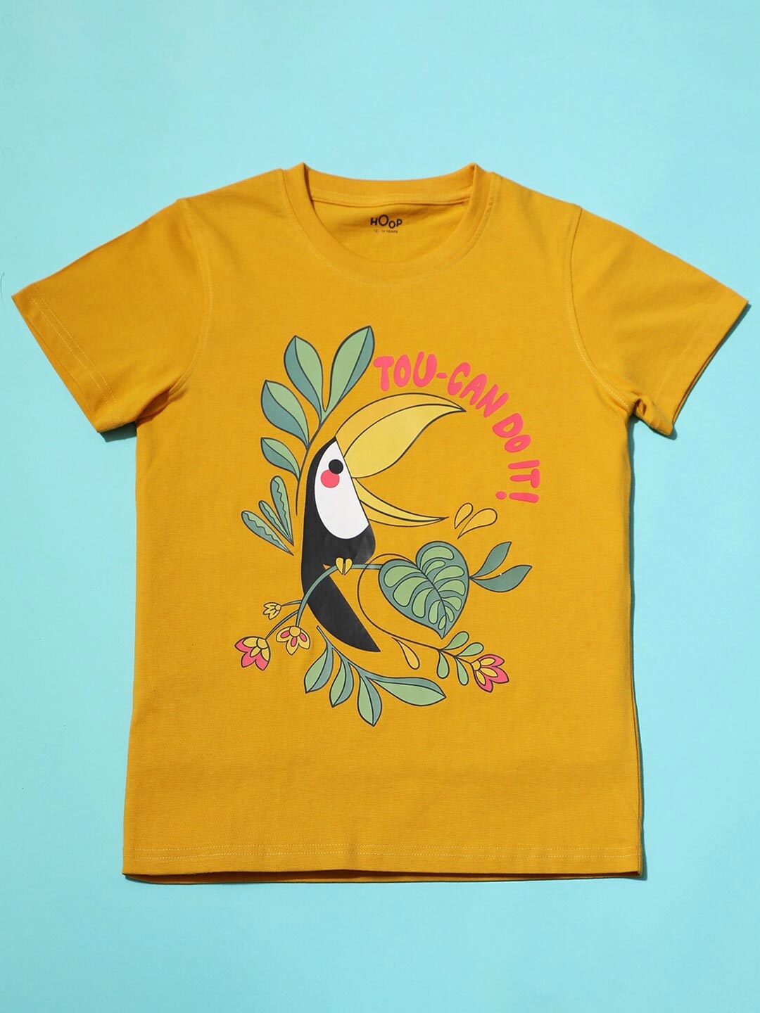 Hoop Girls Graphic Printed Cotton T-shirt, Mustard