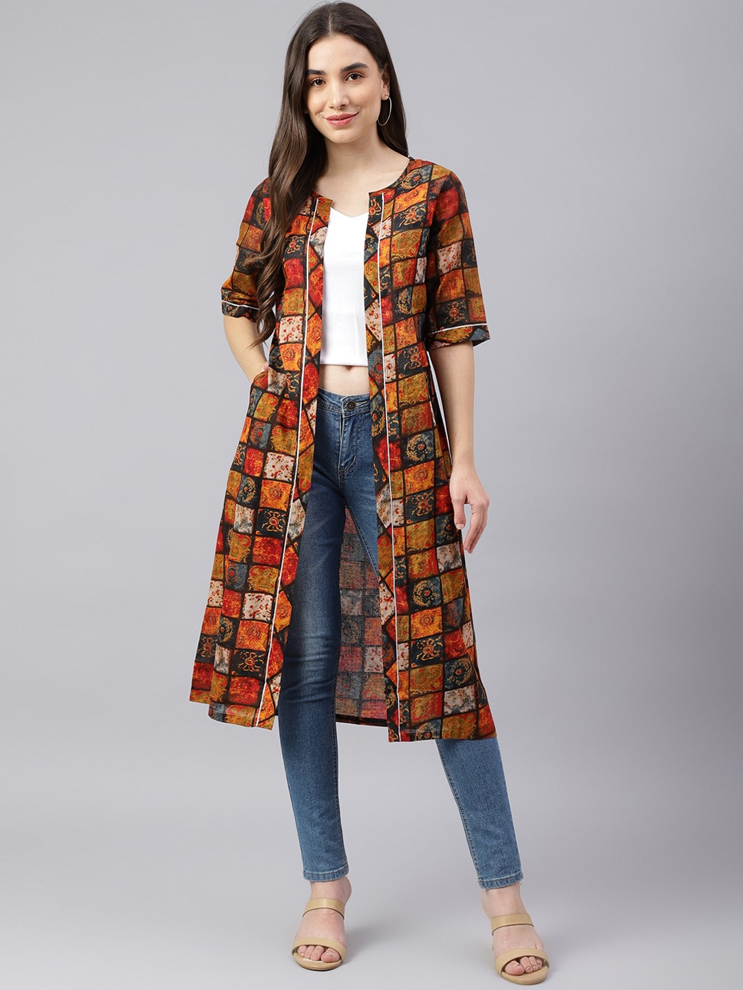 

KALINI Geometric Printed Cotton Longline Open Front Jacket, Orange